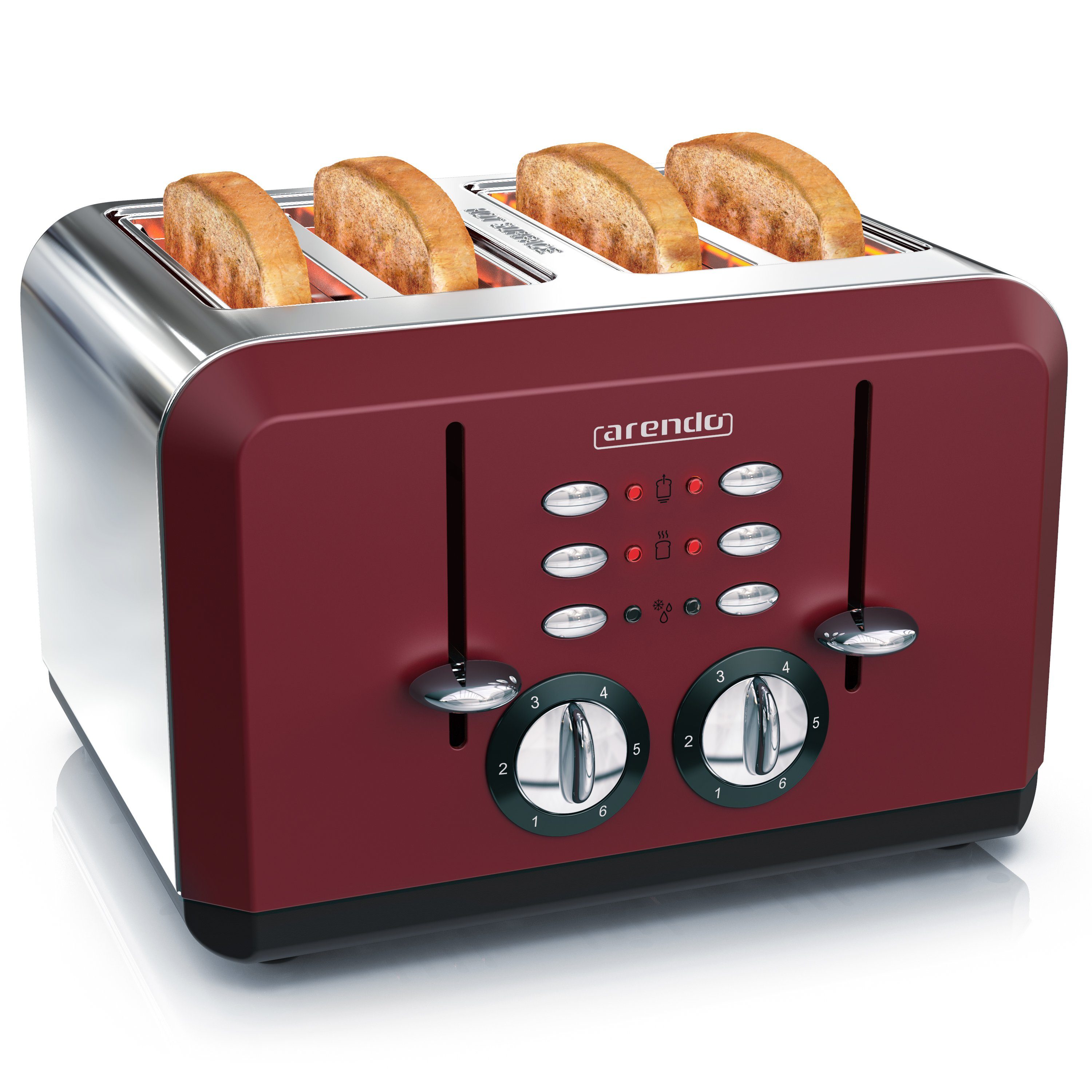 Arendo Toaster 4-Scheiben, Automatik, Edelstahl, Wärmeisolierendes Doppelwandgehäuse, 4 kurze Schlitze, für 4 Scheiben, 1630 W, Bräunungsgrad 1-6, Aufwärm- & Auftaufunktion, GS-zertifiziert