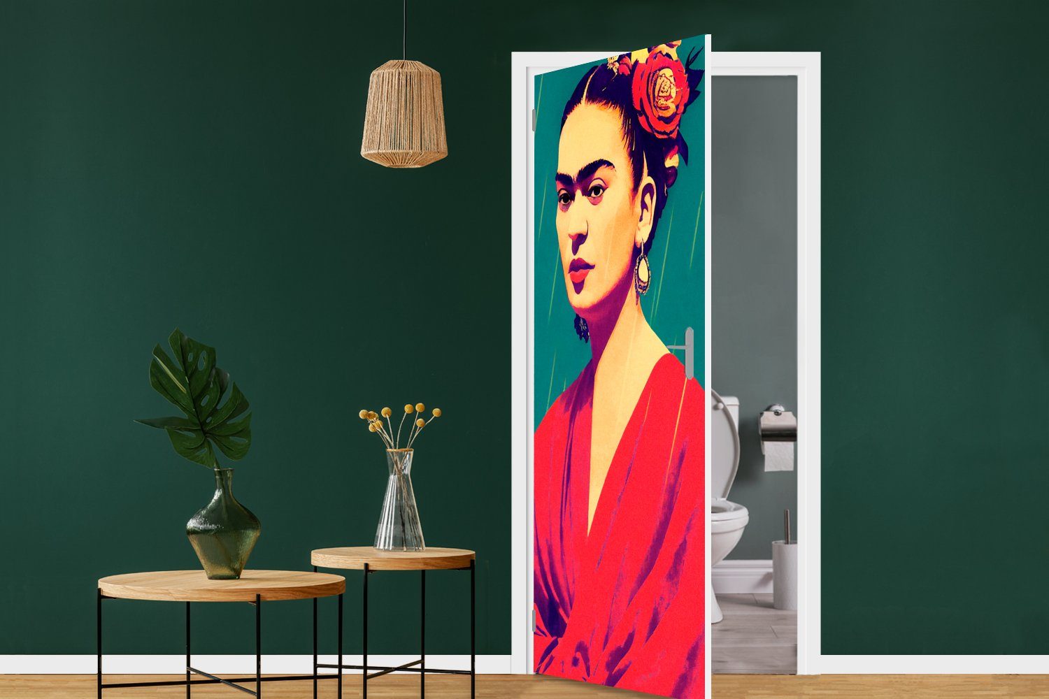 MuchoWow Türtapete Porträt - Frida Türaufkleber, 75x205 - Vintage cm - - St), für Frau (1 bedruckt, Matt, Rot, Fototapete Tür, Kahlo