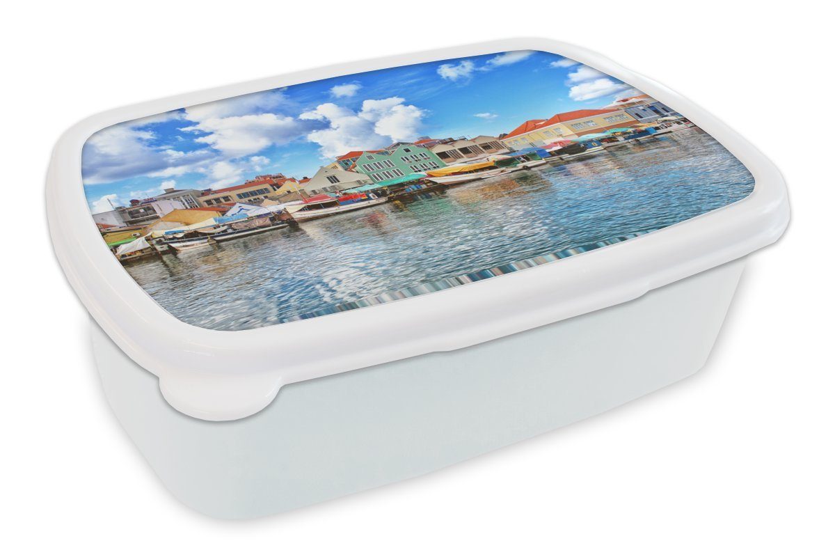 MuchoWow Lunchbox Häuser an der Küste von Willemstad, Curacao, Kunststoff, (2-tlg), Brotbox für Kinder und Erwachsene, Brotdose, für Jungs und Mädchen weiß