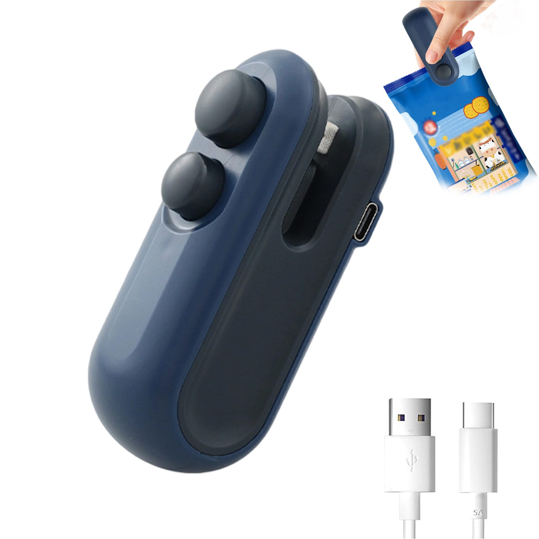 Senmudi Vakuumierer Mini Folienschweißgerät, 2 in 1 Bag Sealer, Hand Verschlussgerät, USB Aufladung,für Plastiktüten Beutel,Lebensmittellagerung,Snack