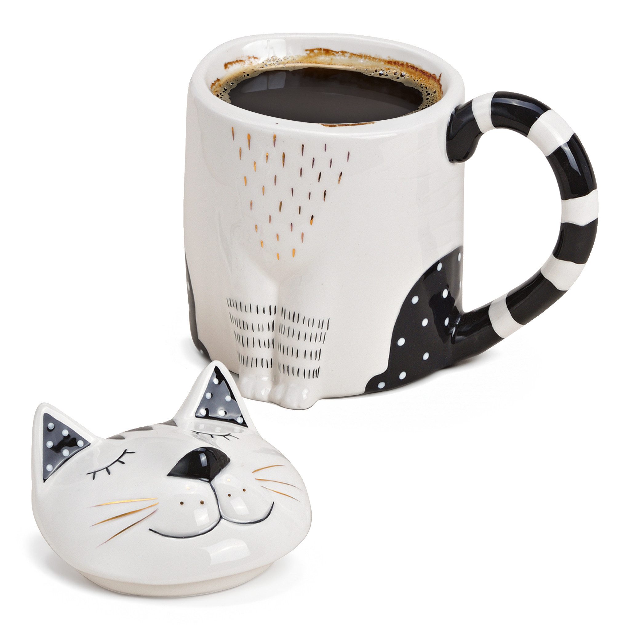 matches21 HOME & HOBBY Tasse Große Teetasse mit Deckel Katze Meow-Design, 1-tlg., Keramik, Tee Kaffee-Becher Kaffeetasse, weiß schwarz goldfarben, 400 ml