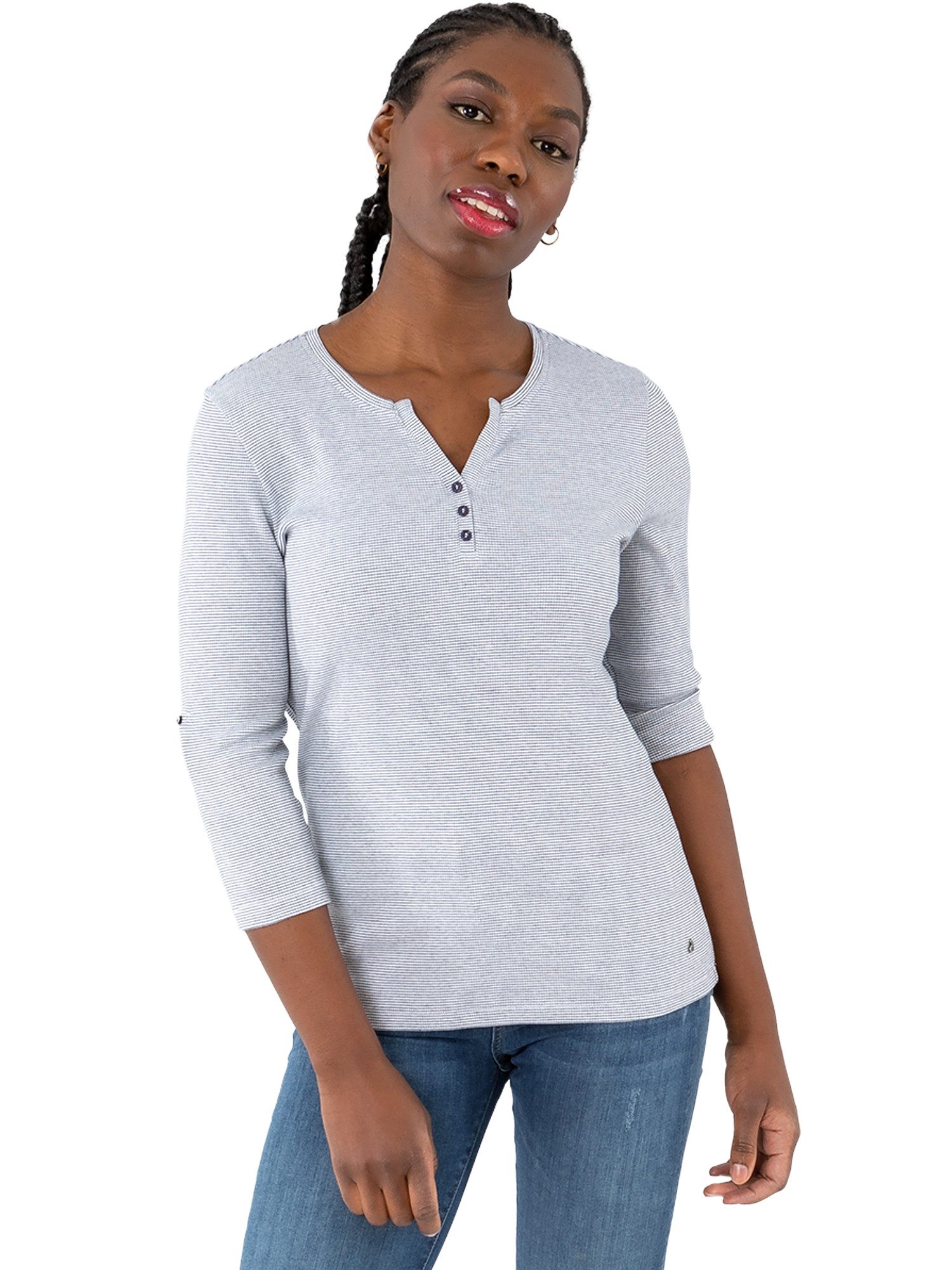 Gio Milano 3/4-Arm-Shirt G31-1101, mit Knopfleiste und in feiner Struktur mit variabel hochkrempelbaren Ärmeln