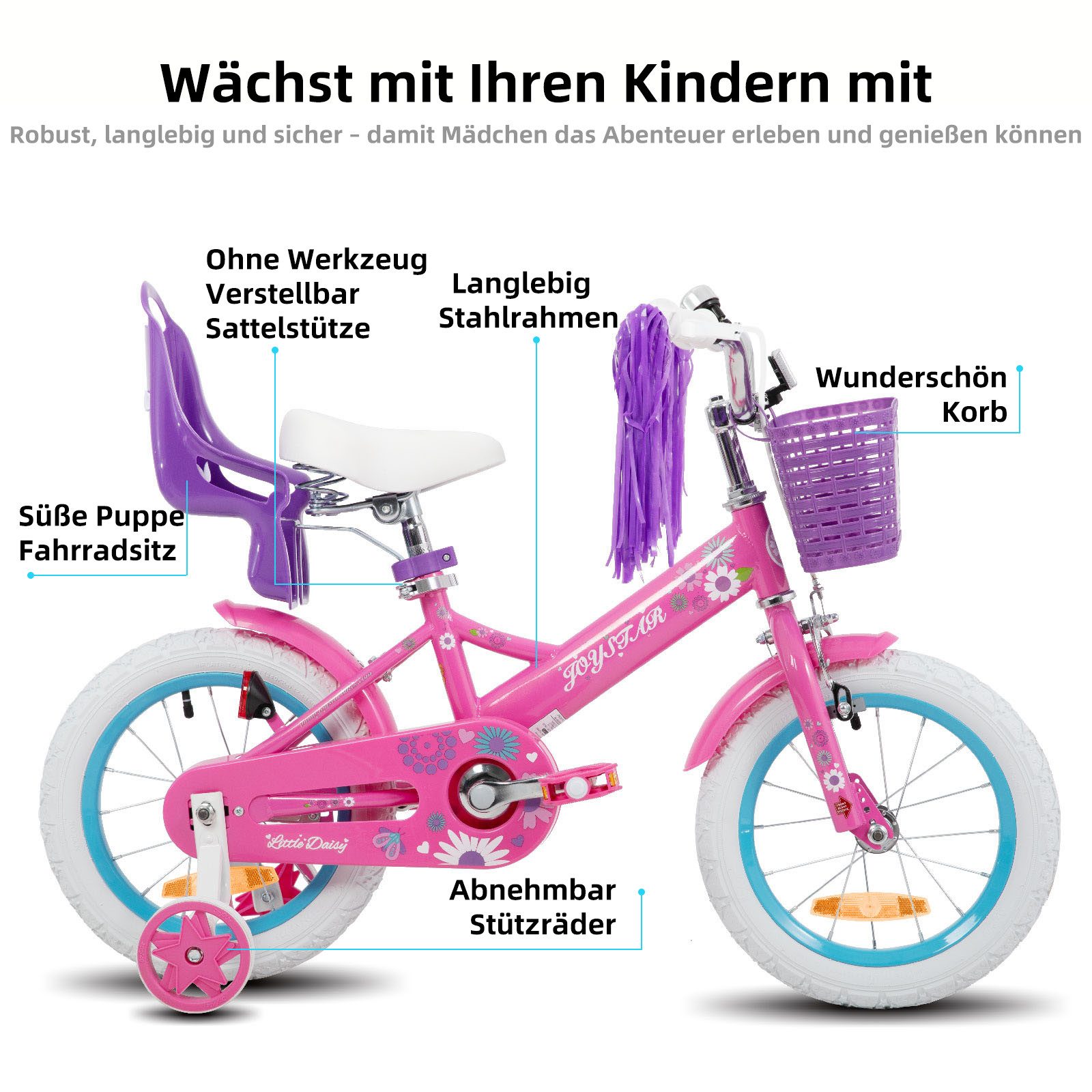 JOYSTAR Kinderfahrrad 12, 14, 16 Zoll Mädchenfahrrad, 3 - 8 Jahre,Geschenk für Prinzessin, 1 Gang, Mit Hilfsrädern, farbigen Bändern, Korb, Reflektor, Kettenabdeckung