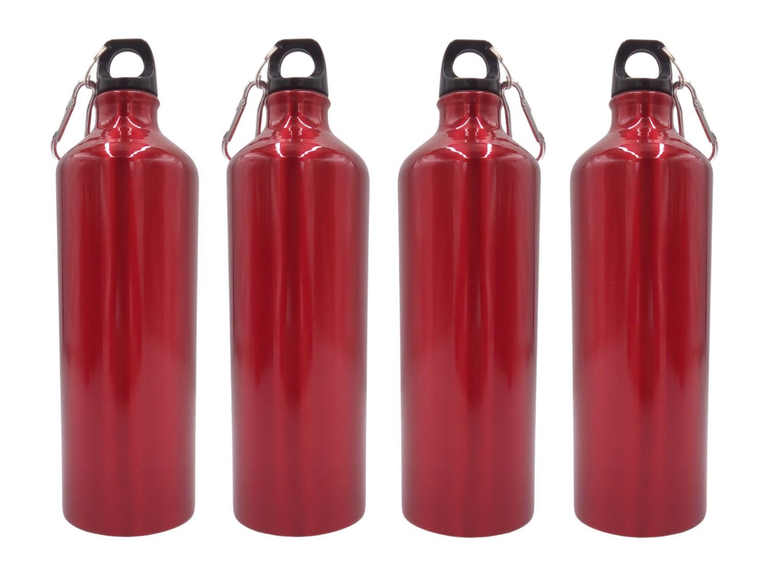 BURI Trinkflasche 4x Aluminium Trinkflasche 1 Liter rot mit Karabiner Wasserflasche | Trinkflaschen