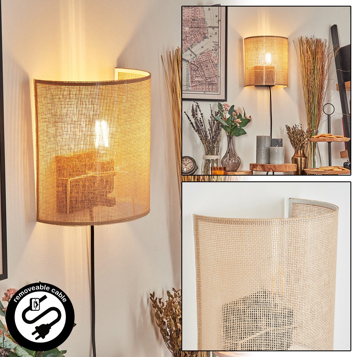 hofstein Wandleuchte Wandlampe aus Metall/Papiergeflecht in Schwarz/Natur, ohne Leuchtmittel, Stecker und Schalter Leuchte, abnehmbares Kabel, Lichteffekt, 1 x E27