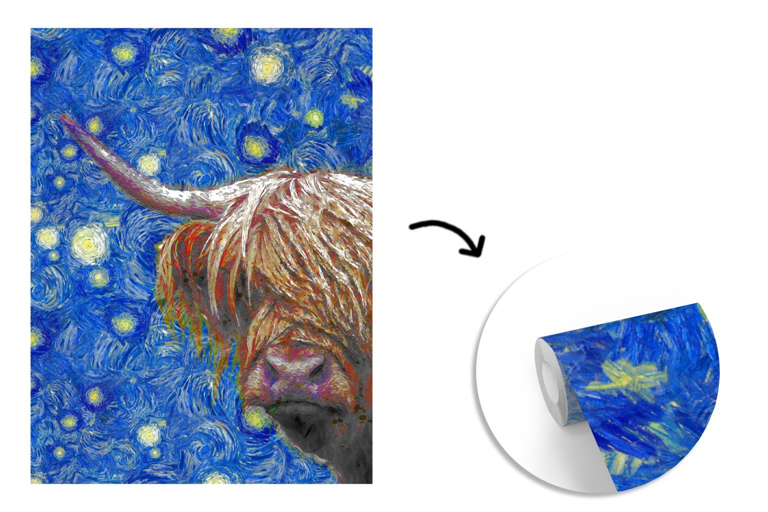 Wohnzimmer, MuchoWow St), Montagefertig - Sternennacht bedruckt, Tapete Highlander Van Gogh, Scottish (4 Vinyl Fototapete - für Wandtapete Matt,