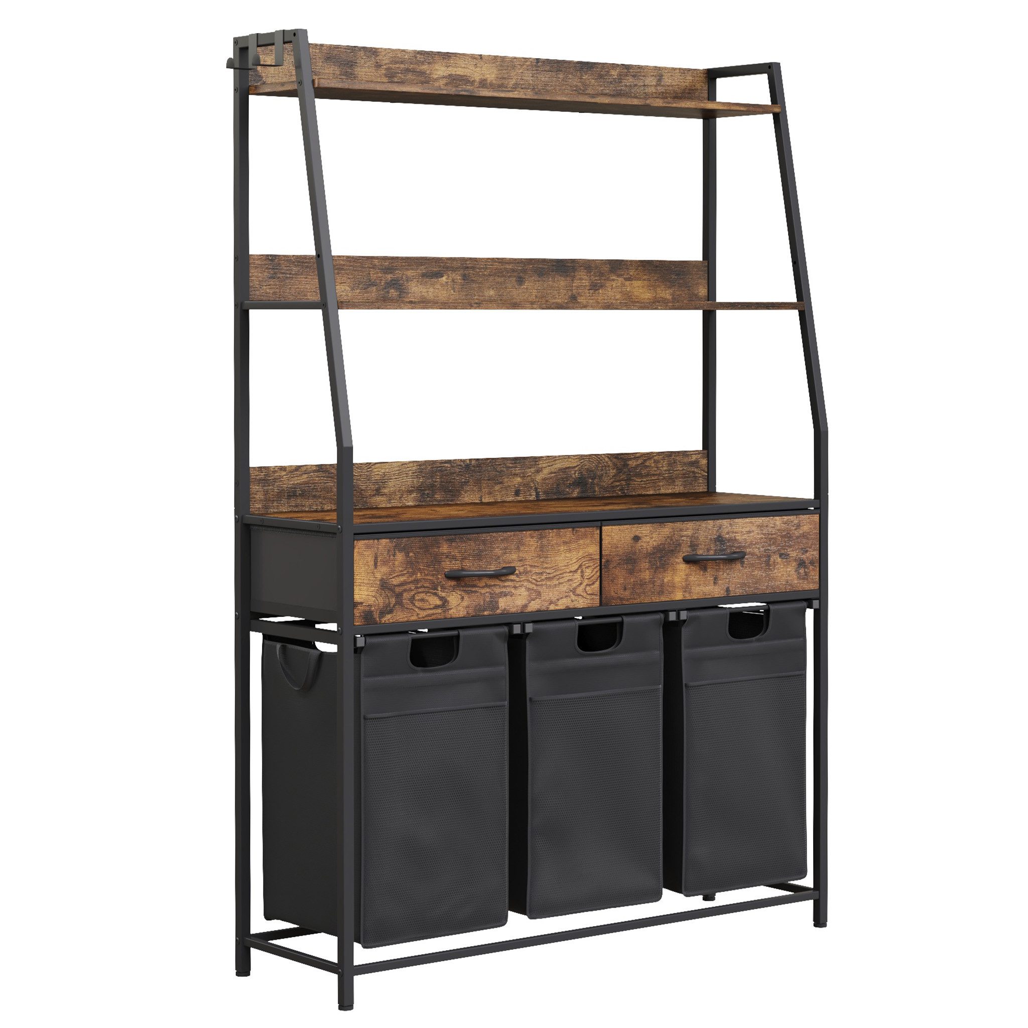 Mondeer Wäschekorb Metallgestell Wäschesammler, 150L mit 3 Fächern, verstellbaren Böden, Schubladen & Haken
