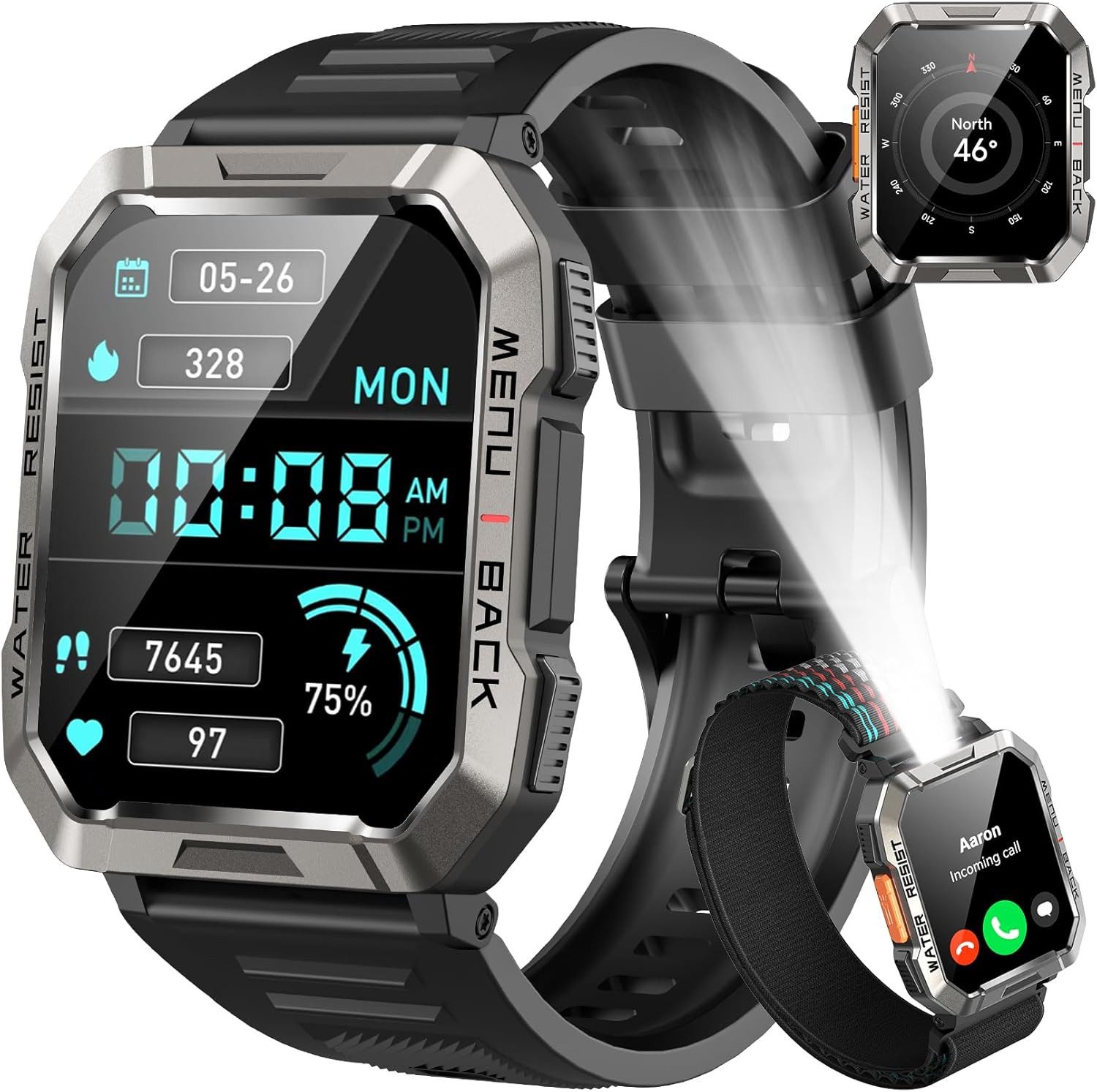 IOWODO MILITÄR SMARTWATCH HERREN W60 – 30 TAGE AKKU, LED-TASCHENLAMPE,KOMPASS Smartwatch Packung, mit atmungsaktivem, gewebtem Riemen geliefert, 2,01" Fitness Uhr,900 mAh,Bluetooth Anrufe,Ideal für Outdoor&Handwerk
