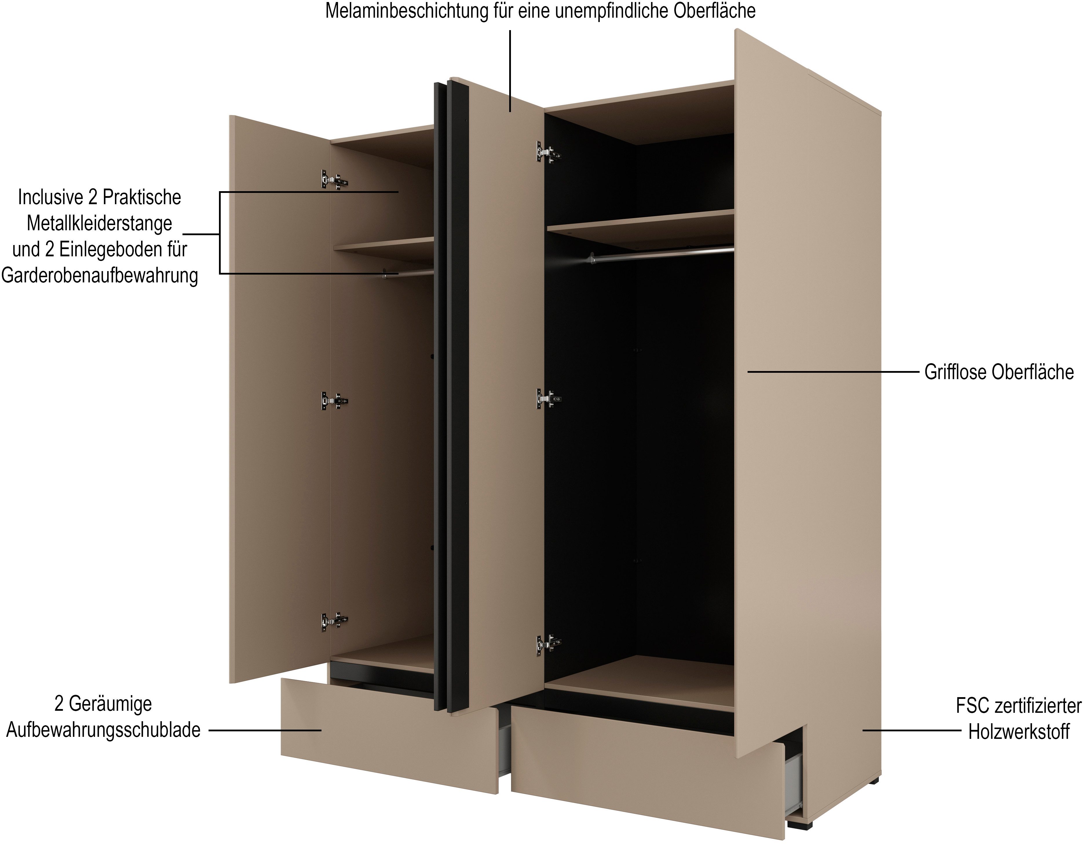 OTTO home Kleiderschrank Cross, moderner griffloser Kleiderschrank Wäscheschrank mit Schublade, Garderobe, Türen