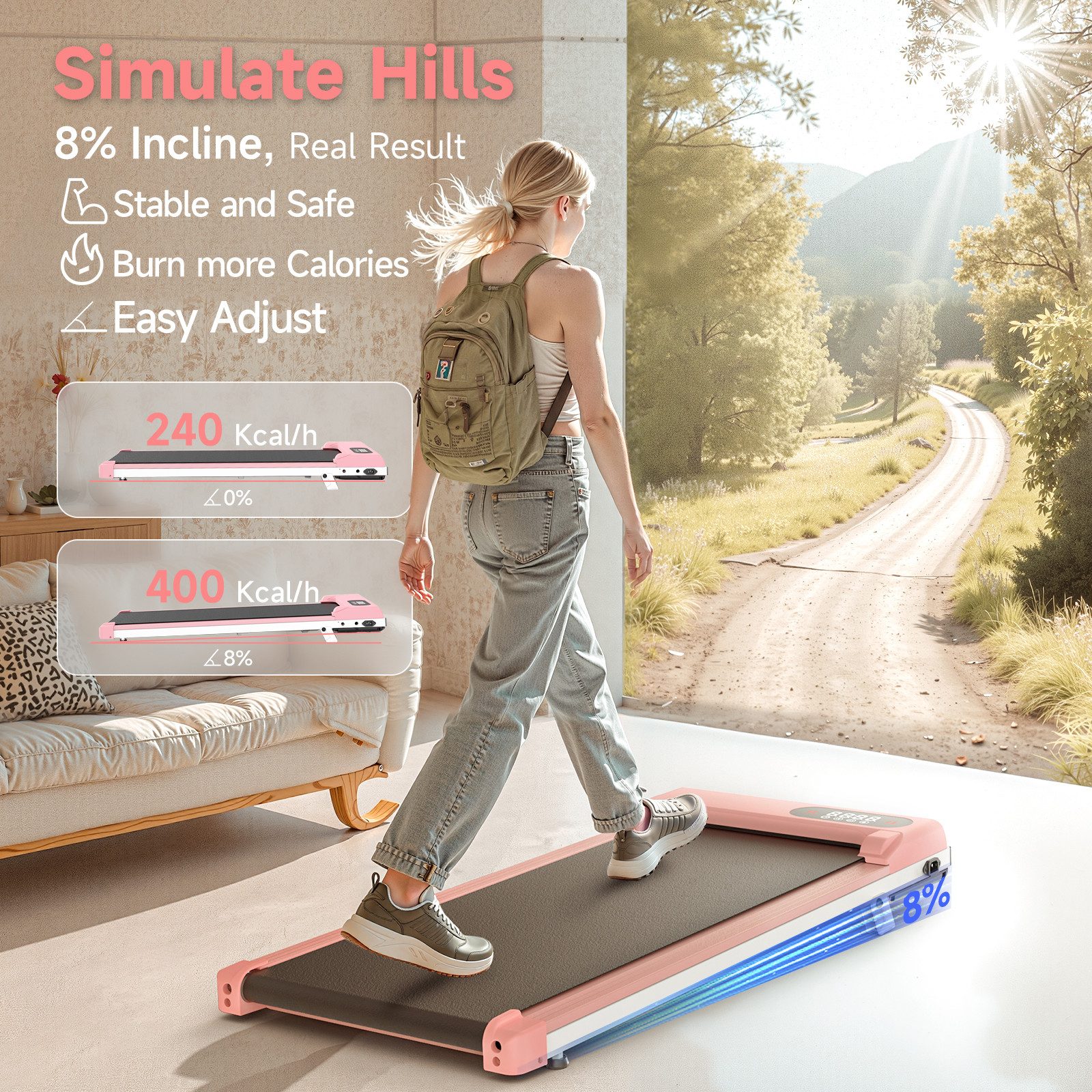 Dskeuzeew Laufband mit 7 % Steigung – 3-in-1-Laufbänder bis 130 kg (mit Fernbedienung und LED-Display - Lauffläche 38,5 x 90 cm), 1–8 km/h einstellbar – Motor 2,5 PS