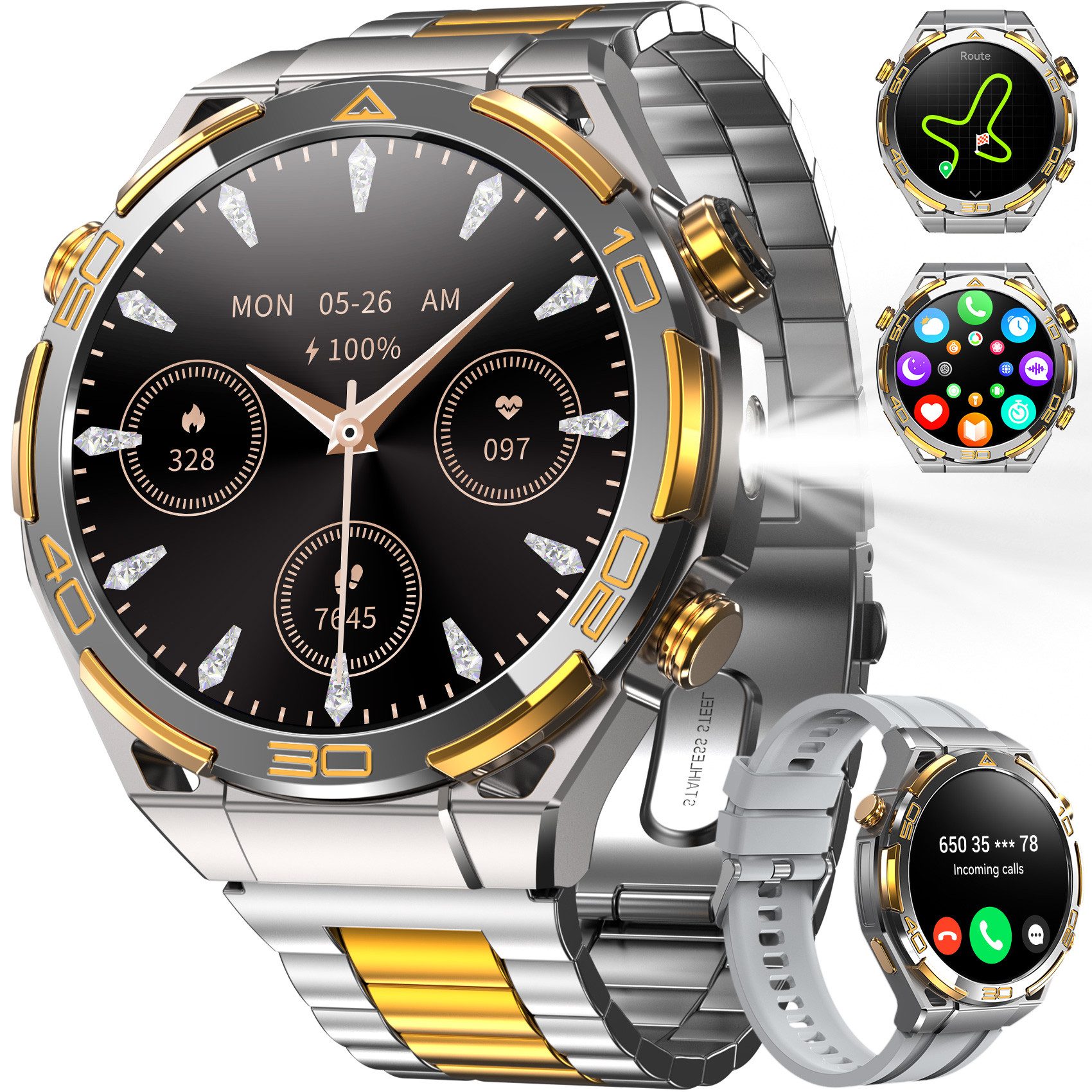 blackview GPS Herren-Smartwatch 2026,1,43" AMOLED, 14K Gold,900mAh Akku,Business Smartwatch (1.43 Zoll) Set, 1-tlg., mit Wechselband aus weichem Silikon und Ladekabel, 15 Tage Akku,Anrufe,HR,SpO2, Blutdruck, LED-Leuchte,2 Armbändern, IP68