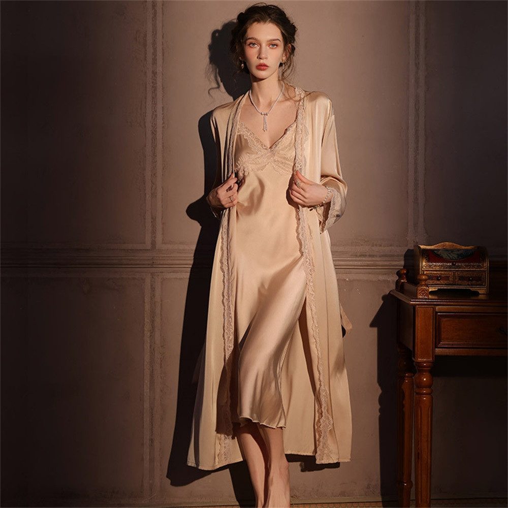 ZEUOPQ Kimono 2-teilig Hausmantel-Set aus Satin: Trägerkleid und Überwurf, Homewear, Polyester, Eleganter Look mit fließendem Fall, stilvoll