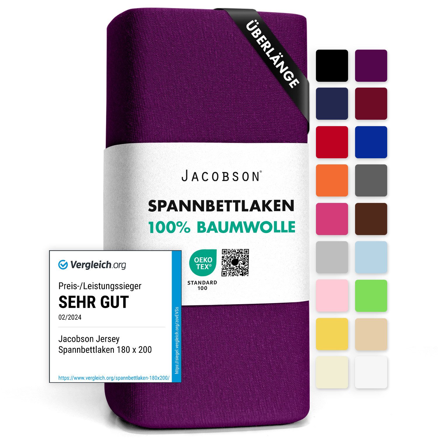 Jacobson Spannbettlaken BOXSPRING & ÜBERLÄNGE aus 100% Baumwolle, für hohe & lange Matratzen, Jersey Bettlaken 160 g/m²