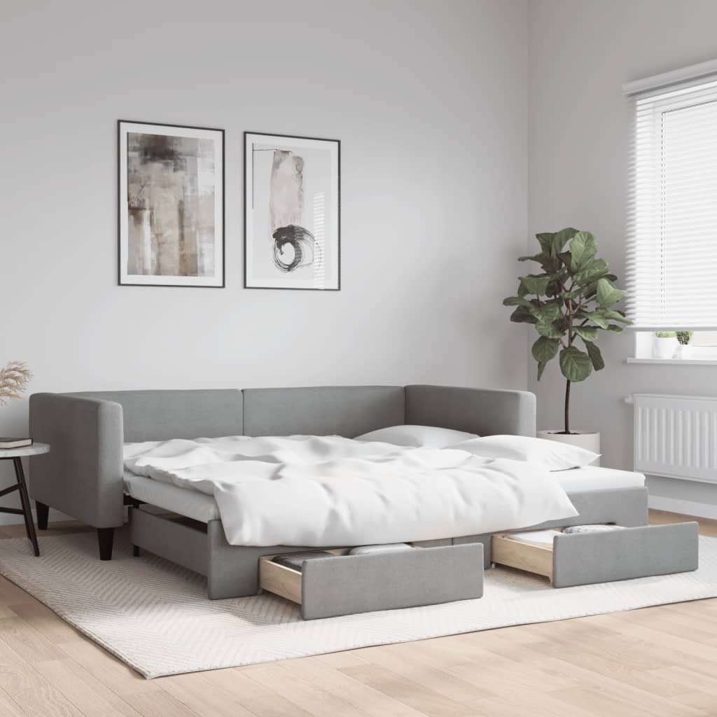 furnicato Bett Tagesbett Ausziehbar mit Schubladen Hellgrau 100x200 cm Stoff
