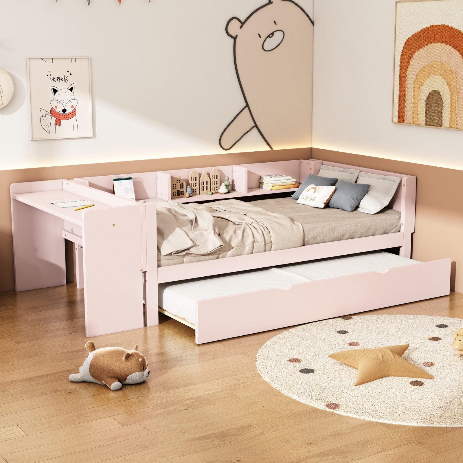 FUROKOY Daybett Multifunktionales Kinderlernbett mit Schreibtisch und Schubladen, (Home Schlafzimmer Bett Einzelbett Jugendbett(Ohne Matratze), Flachbett mit ausziehbarem Bett, süßes Rosa