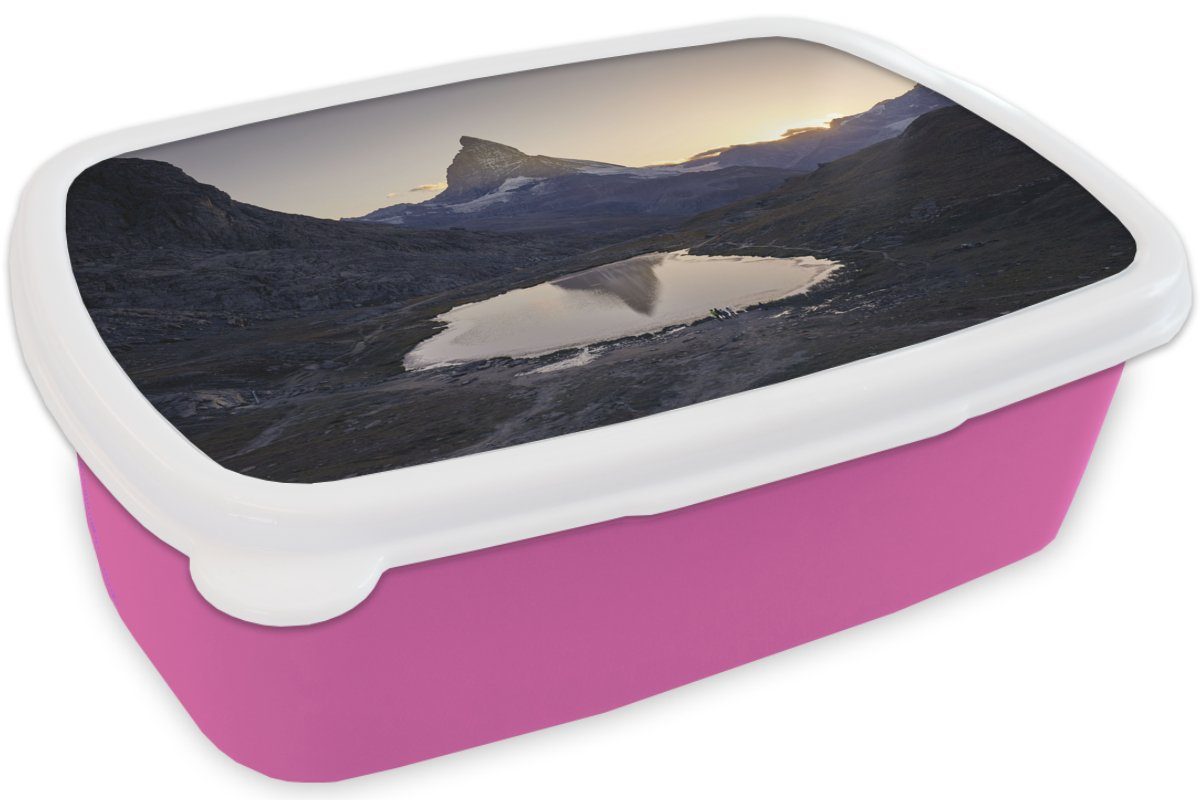 Brotdose für Mädchen, rosa Brotbox Schweiz, Kinder, Kunststoff, der und Kunststoff Erwachsene, (2-tlg), Das Snackbox, Sonnenaufgang Riffelsee Lunchbox in MuchoWow bei der Matterhorn