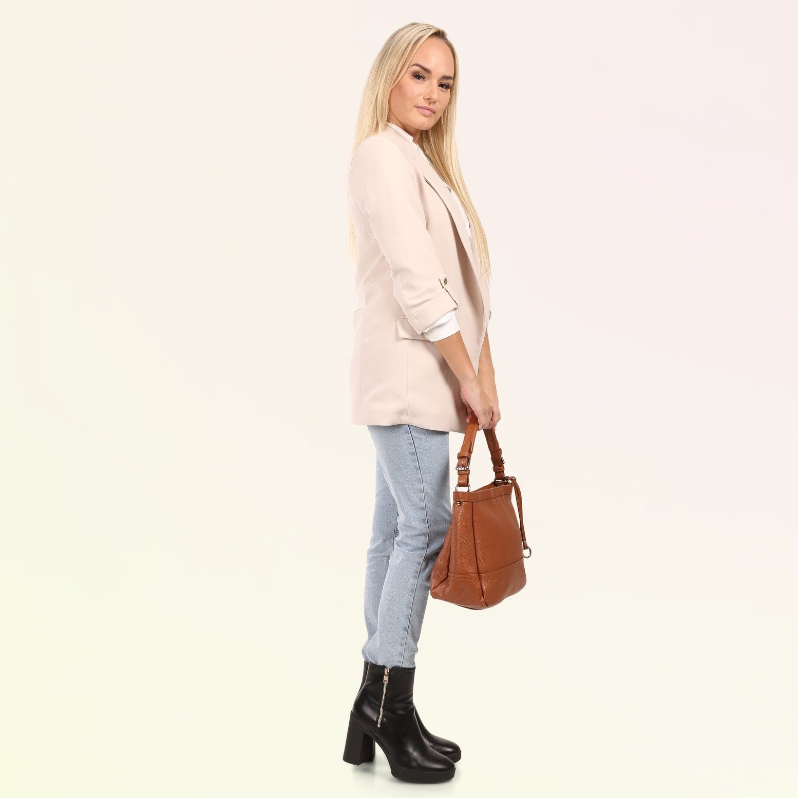 Toscanto Schultertasche Toscanto Damen Schultertasche Leder (Schultertasche), Damen Leder Schultertasche, hellbraun ca. 38cm