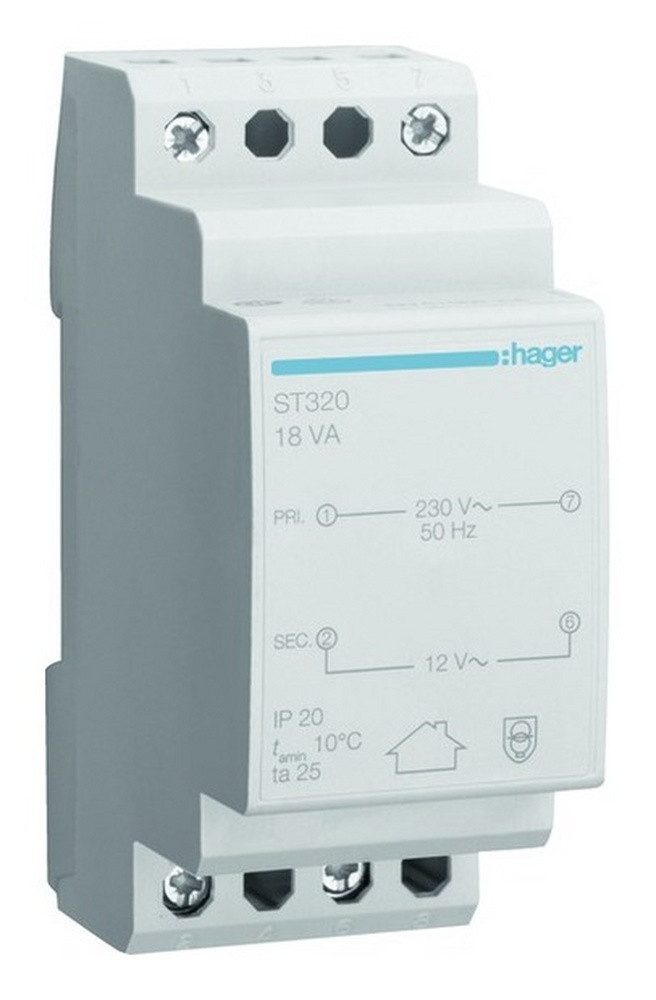 Hager Trafo (Sicherheitstrafo 230V 12V 1,5A REG 2TE geeignet für Reiheneinbau)
