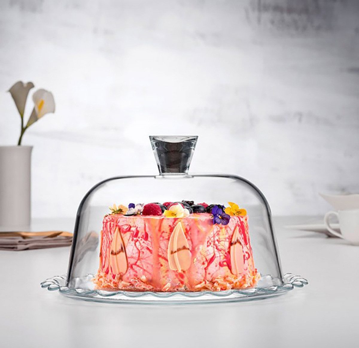 Pasabahce Servierplatte Petite Patisserie Servierplatte mit Glasglocke - 26 x 16 cm, Glas, (1-tlg)