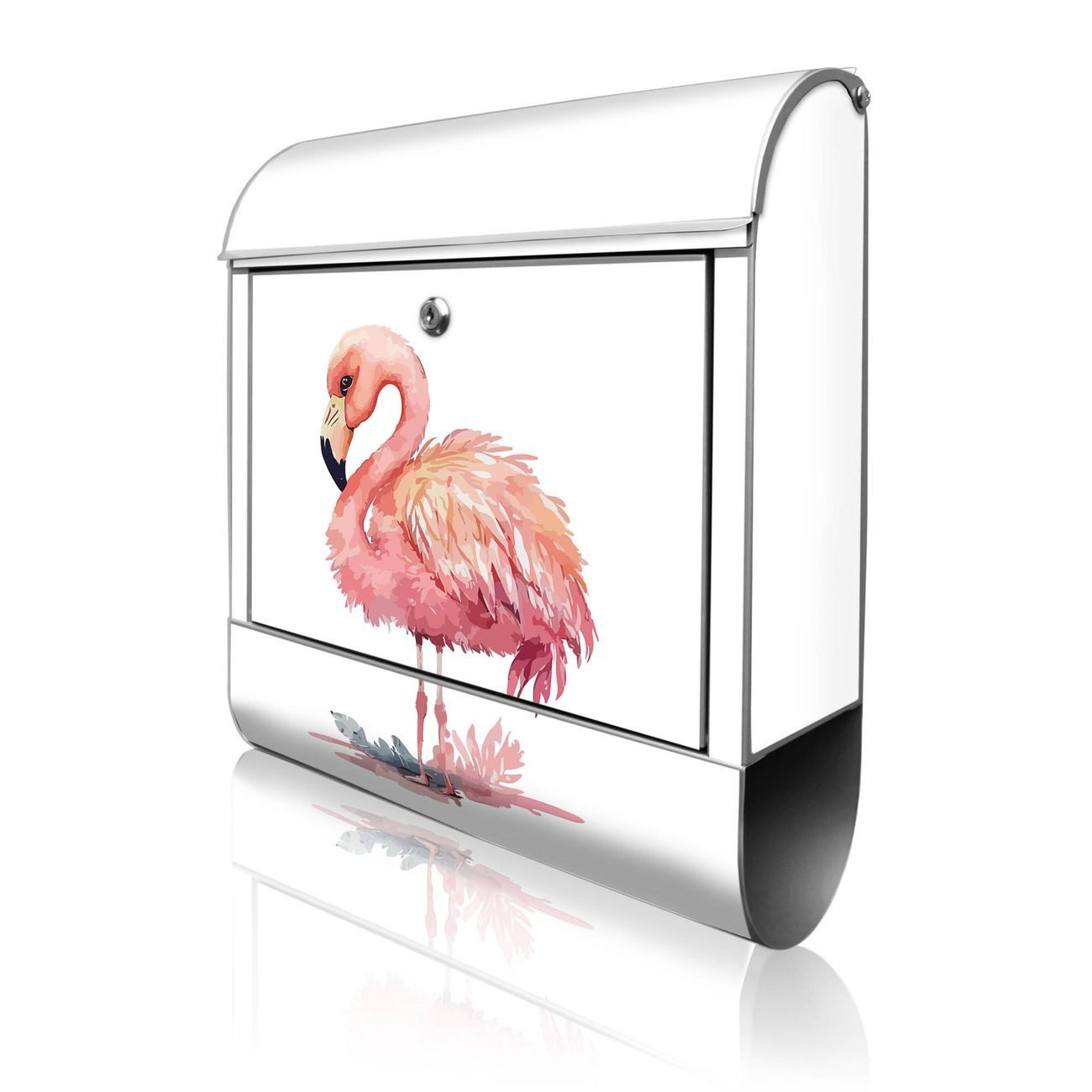 banjado Wandbriefkasten Silber Stahl mit Motiv Aquarell-Flamingo klein (Wandbriefkasten witterungsbeständig, pulverbeschichtet, mit Zeitungsfach), 47 x 39 x 14 cm