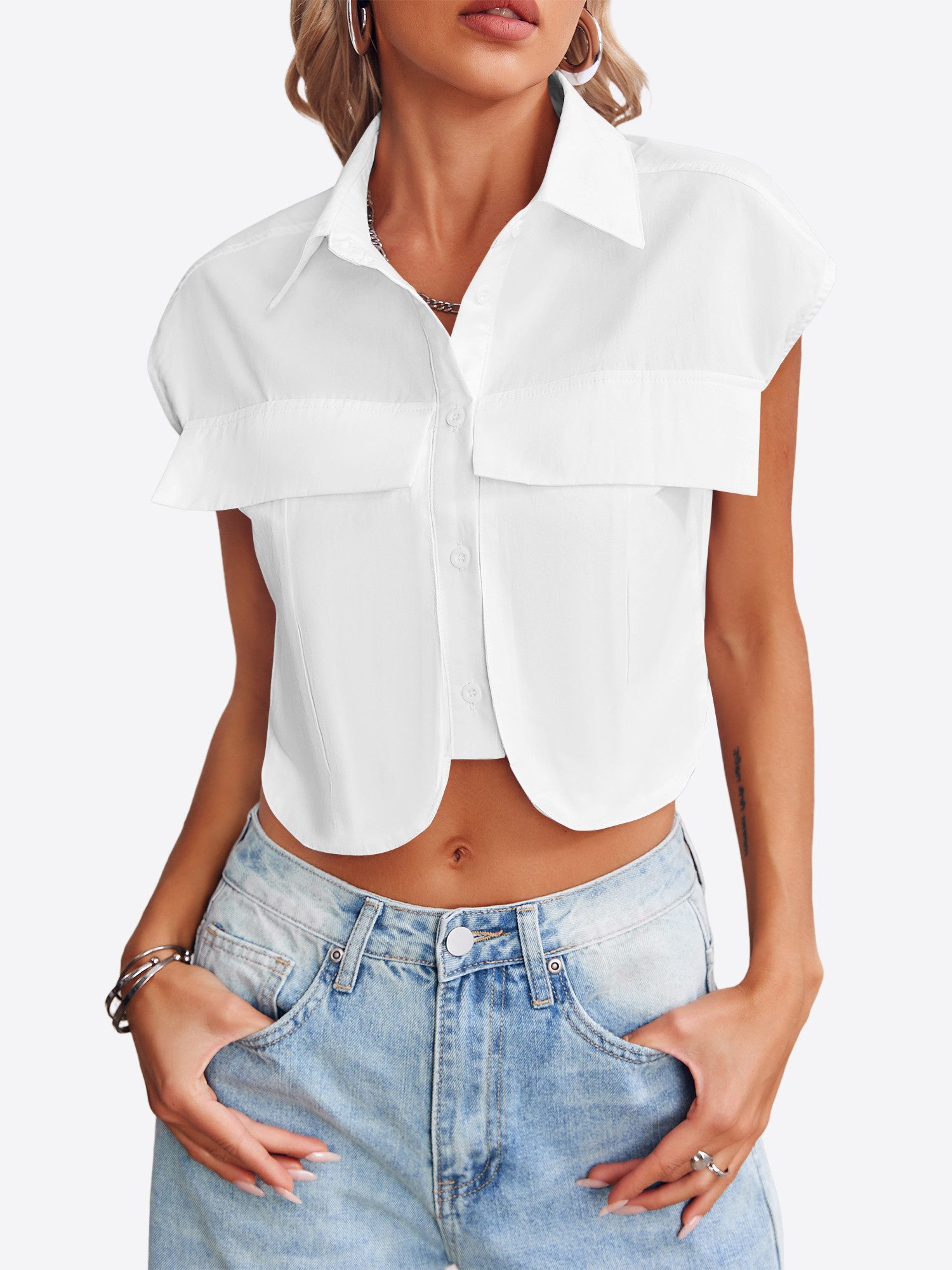 Imily Bela Blusenshirt Damen Ärmellose Cropped mit Brusttaschen und Kragen Casual (Packung, 1-tlg., 1per-Pack) aus Baumwolle in Unifarbe – Bild 4 von 5