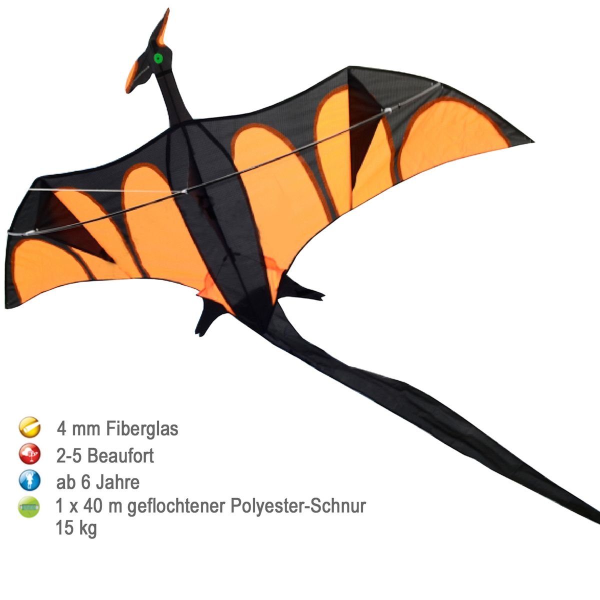 AIROW KITES Flug-Drache Aero mit XXL Schwanz 4mm Fiberglasgestänge Größe 170x90 cm