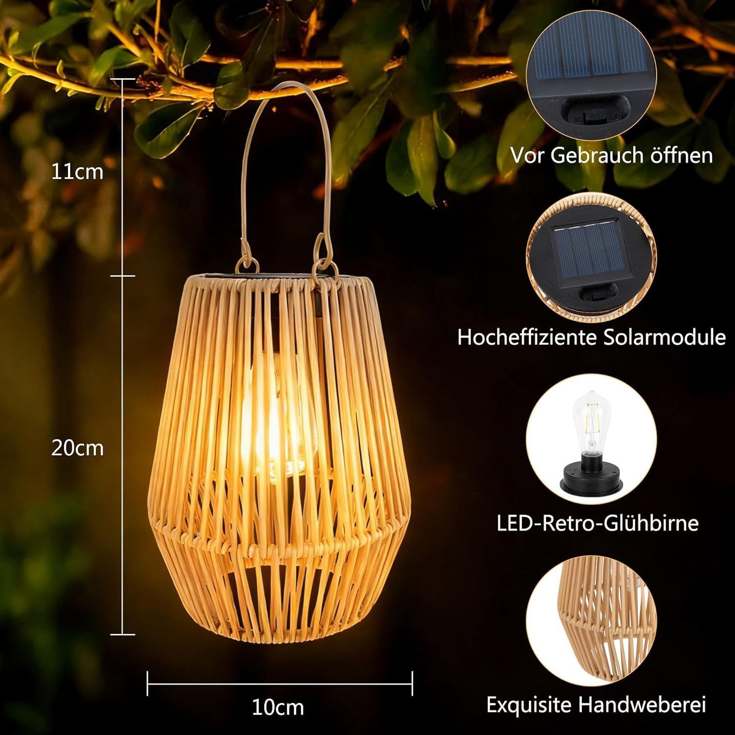 FELIXLEO LED Laterne 2er Set Solar Laternen für Außen Rattan Hängend IP65 Wasserdicht