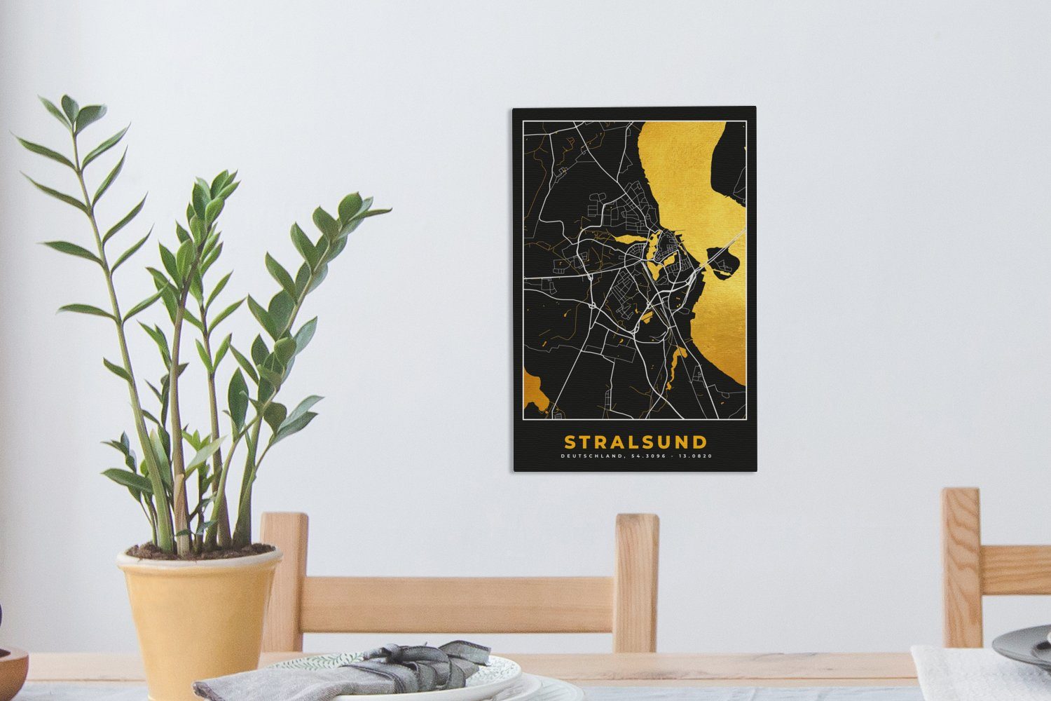 OneMillionCanvasses® Leinwandbild Zackenaufhänger, Karte Stralsund - St), cm - inkl. - (1 Stadtplan bespannt Gold Deutschland, Gemälde, 20x30 - Leinwandbild fertig