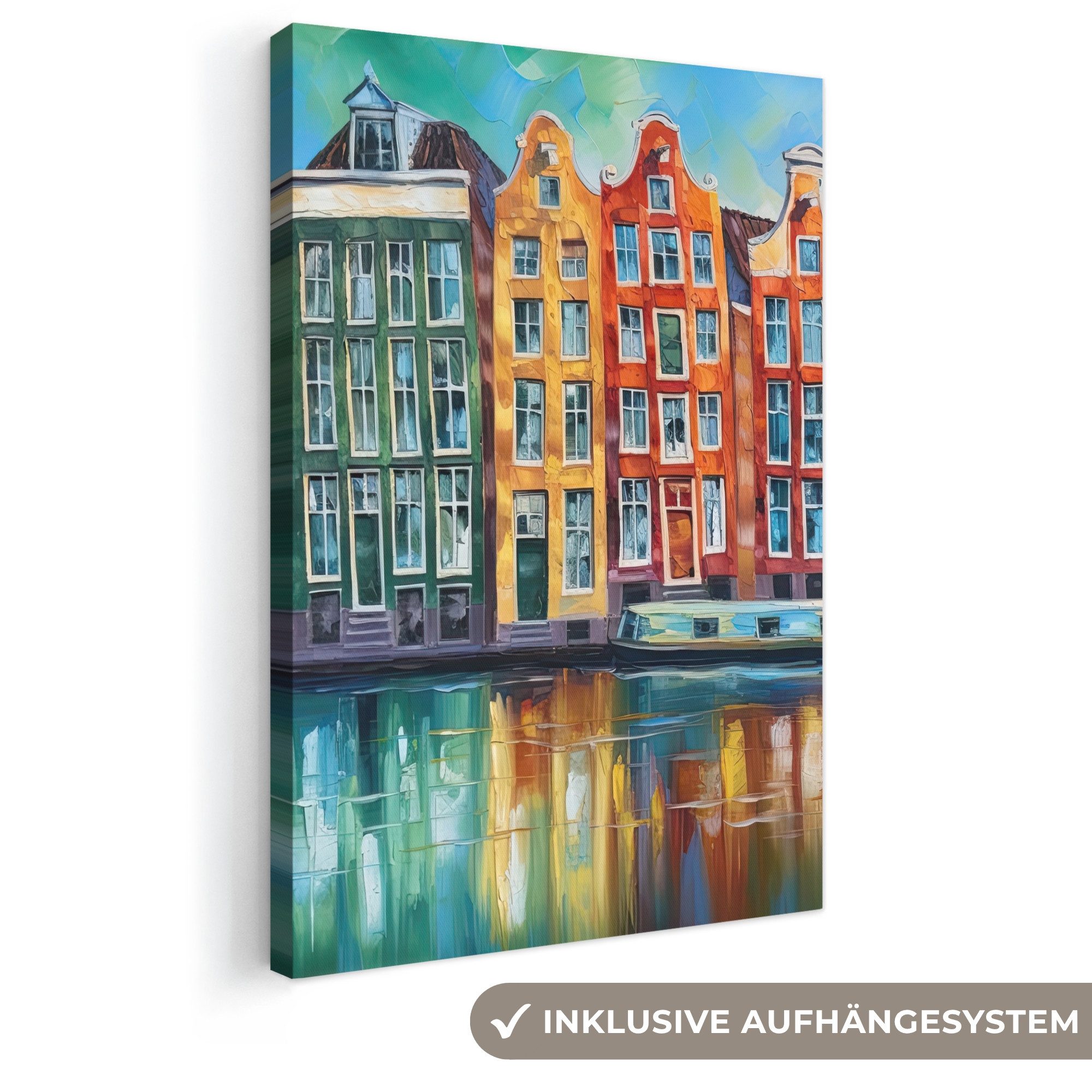 OneMillionCanvasses® Leinwandbild Amsterdam – Ölfarbenoptik – Gracht – Kunstdrucke – Kunst, Fotodruck (1 St), Leinwand Canvas Wandbild, Wanddekoration 20×30 cm