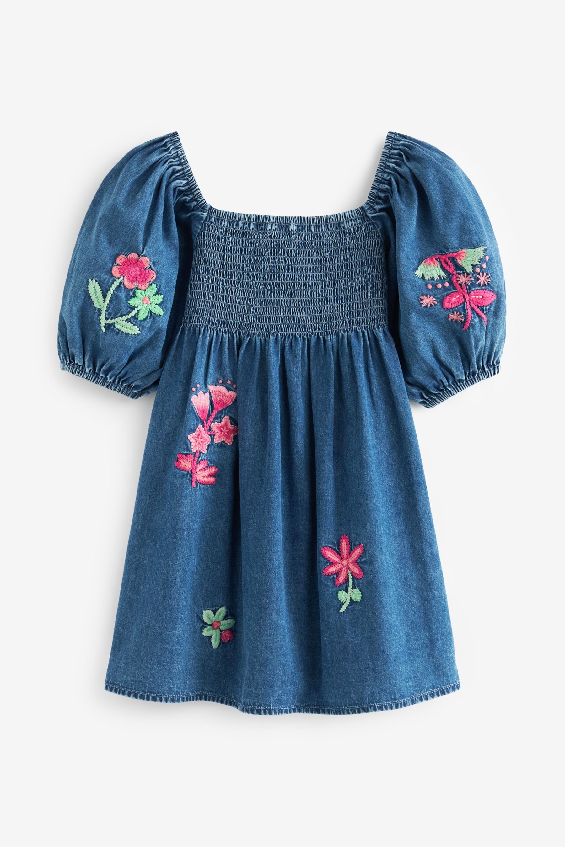 (1-tlg) Denim Stickereien Kleid Kurzärmeliges Blue mit Next Blusenkleid