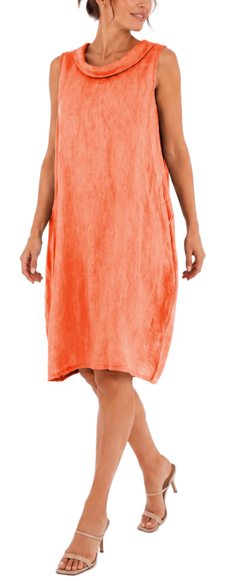dy_mode Midikleid Damen Leinenkleid Luftiges Midi Sommerkleid Ballonkleid Strandkleid in Unifarbe, Wasserfallkragen, mit seitlichen Eingriffstaschen