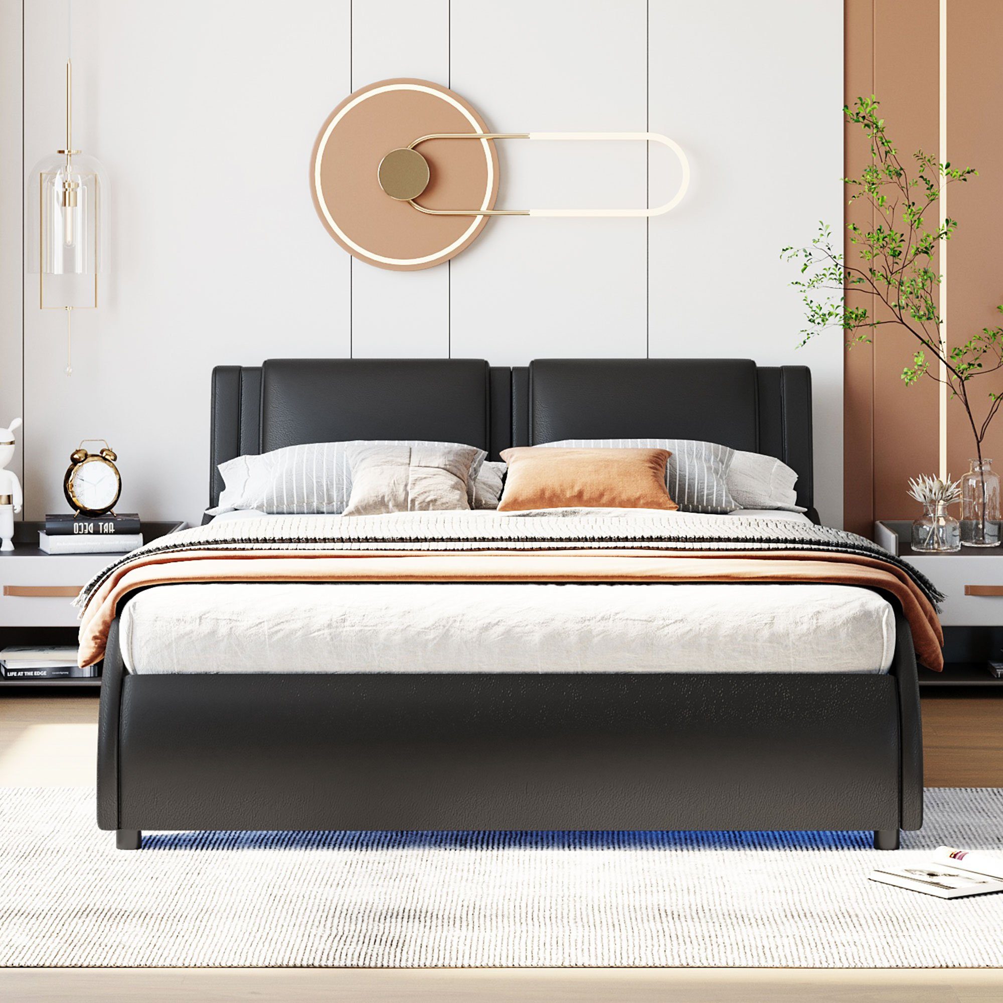 SPLOE Matratze Schwarz Bettrahmen Funktionsbett HAUSS Doppelbett ohne Polsterbett LED-Lichtbettgestell mit mit Lattenrosten), KInderbett (Kunstlederbett Polsterbett