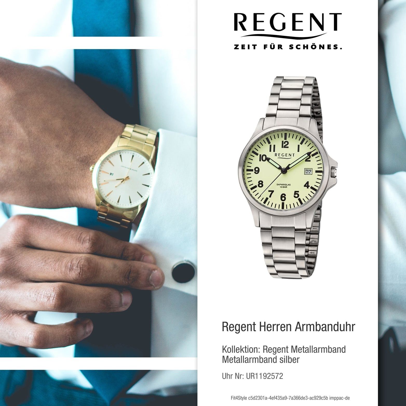 groß Analog, Quarzuhr Regent Herren rundes Metallarmband (ca. Herrenuhr Armbanduhr silber, extra Gehäuse, 36mm) Regent