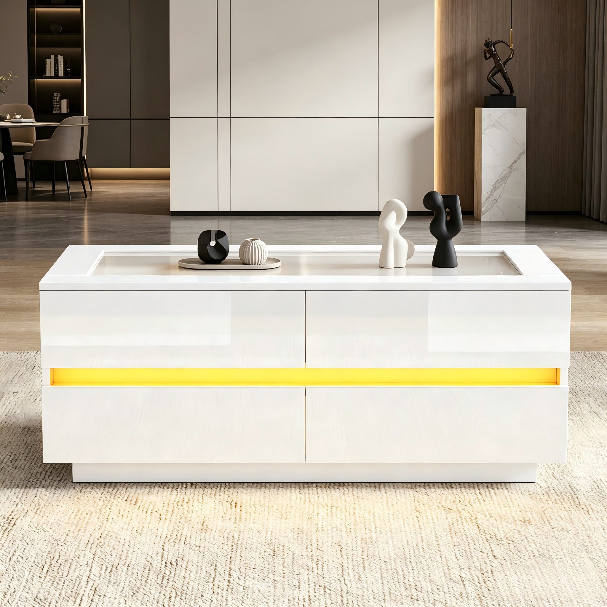 STILVORA Couchtisch weißer Wohnzimmertisch mit Stauraum Sofatisch (Gehärtete Glasplatte, Hochglanzfronten, LED, 100×50×40cm, 4 Schubladen, Spanplatte, 35kg Tragfähigkeit, Weiß), für Wohnzimmer, Lounge, Empfangsbereich, moderne Wohnräume