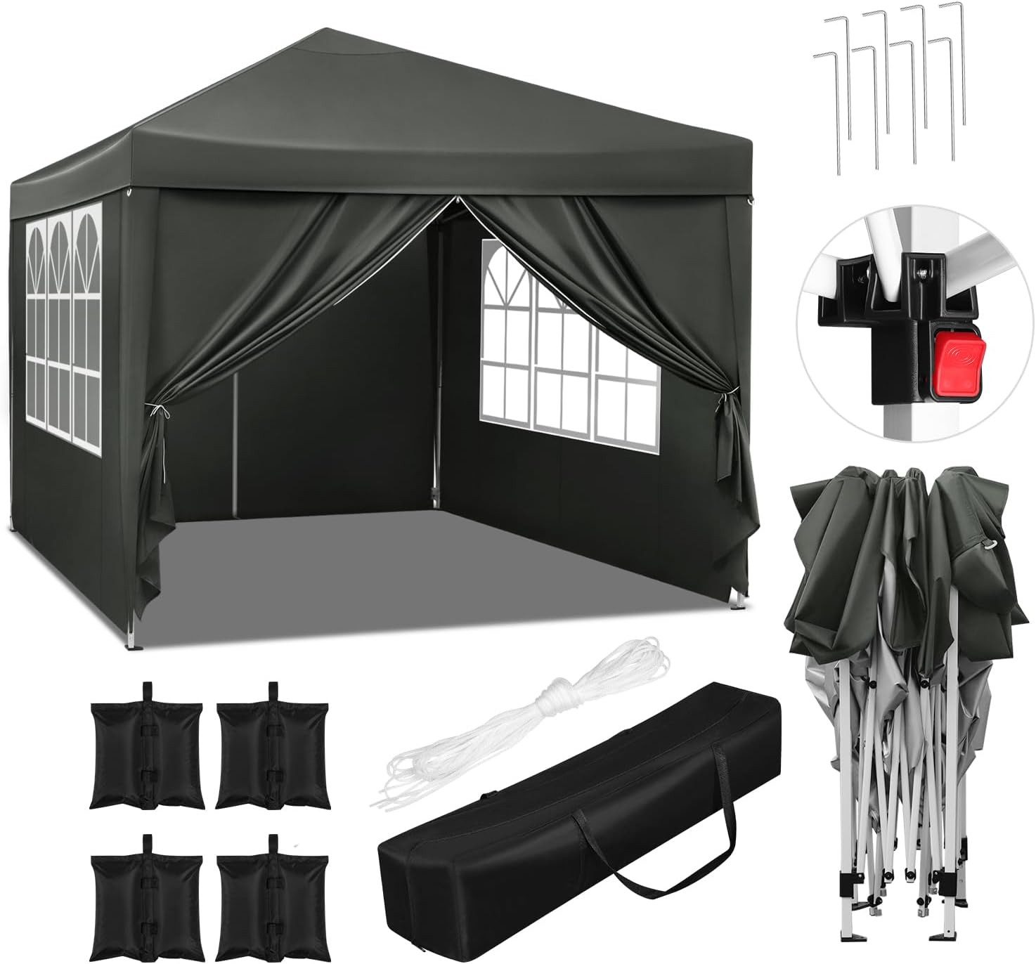 Woltu Pavillon, mit 4 Seitenteilen, Faltpavillon 3x3m, mit 4 Seitenteilen und 4 Sandsäcke