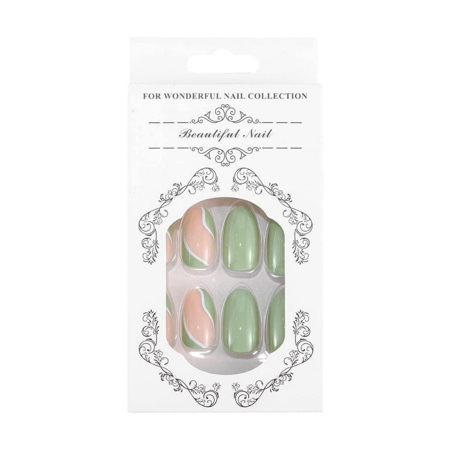 LuxusKollektion Kunstfingernägel Nägel Falsche Acryl Mandel French Swirl 24pcs Avocado Grün