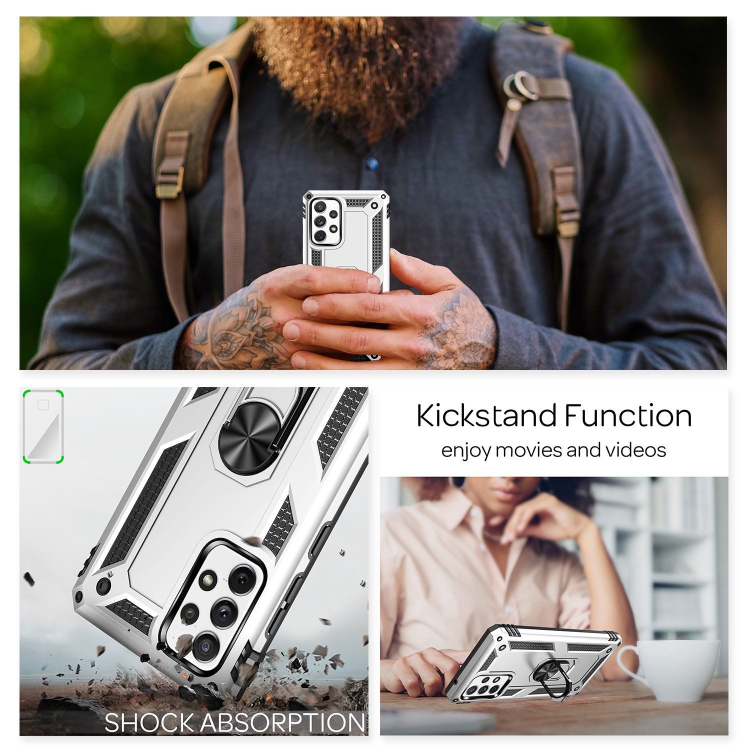 Nalia Smartphone-Hülle Samsung Galaxy A72 17 cm (6,7 Zoll), Outdoor Military Style Hülle mit Ring / Extrem Schützend / Panzer Case