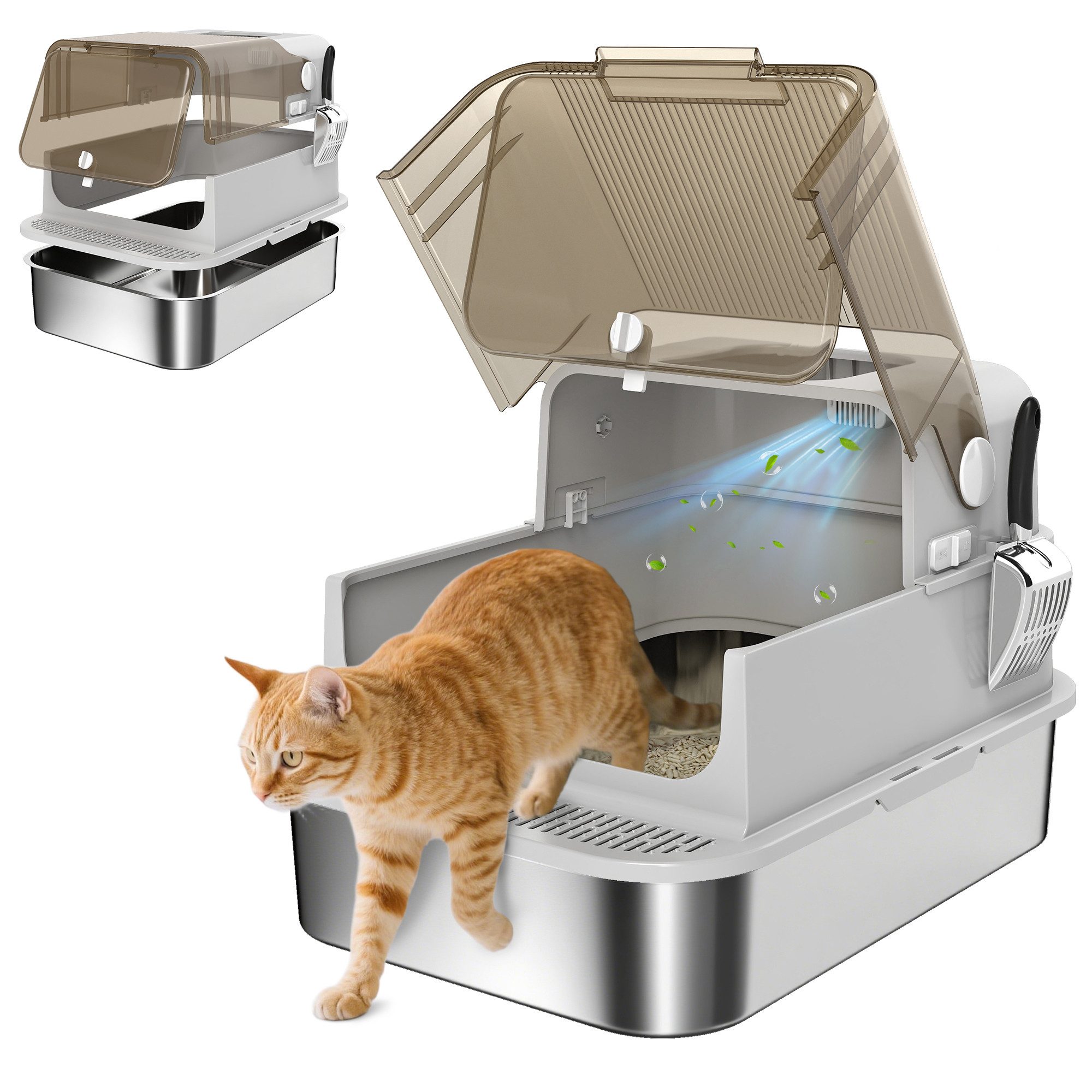 PawHut Katzentoilette Katzenklo Edelstahl mit Doppeltüren, Leicht zu Reinigen, für große Katzen bis zu 15 kg, 70x50x46,5cm Grau
