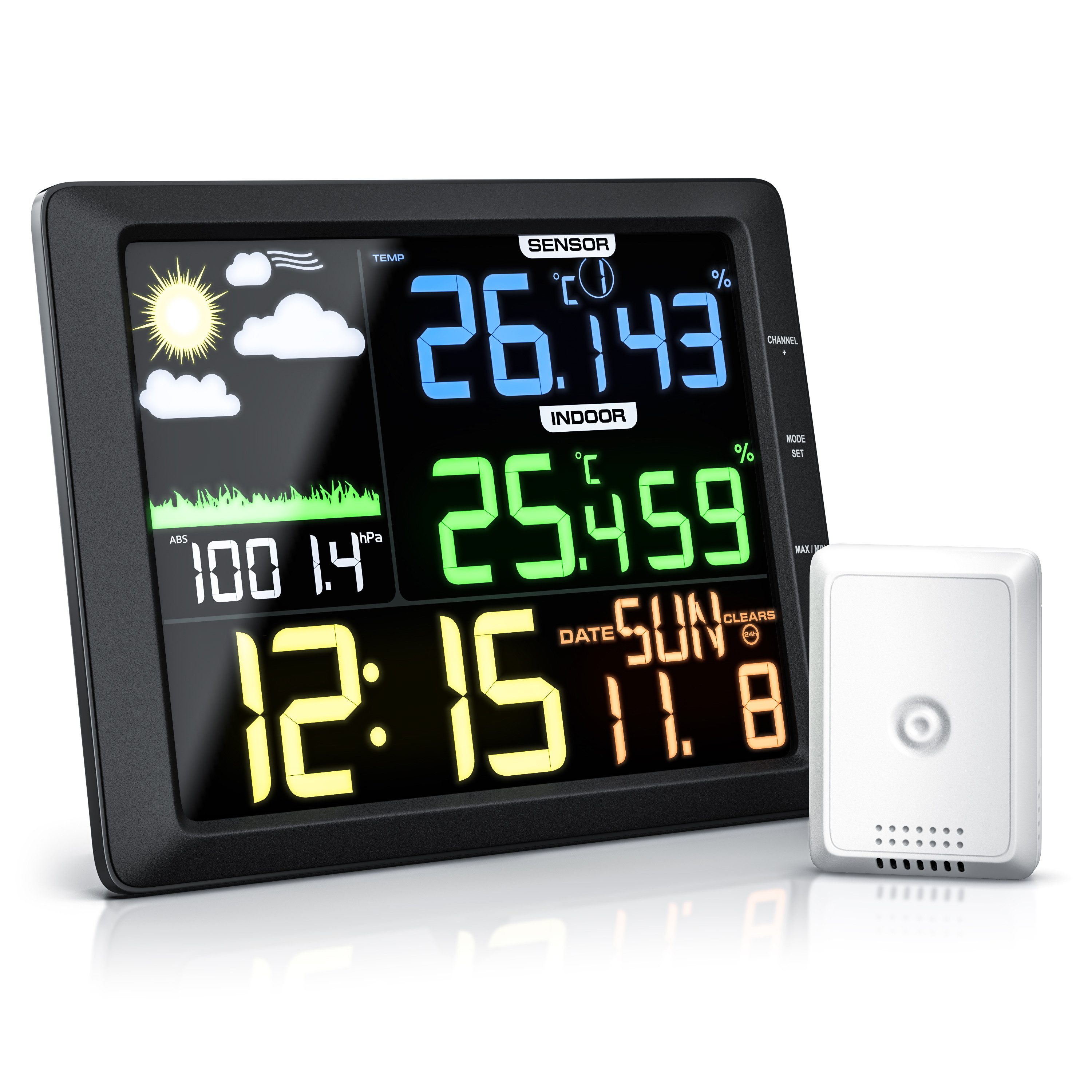 BEARWARE mit Farbdisplay & Außensensor, Luftdruck, Temperatur, Wettervorhersage Wetterstation (Außensensor, USB-Kabel, Bedienungsanleitung, …