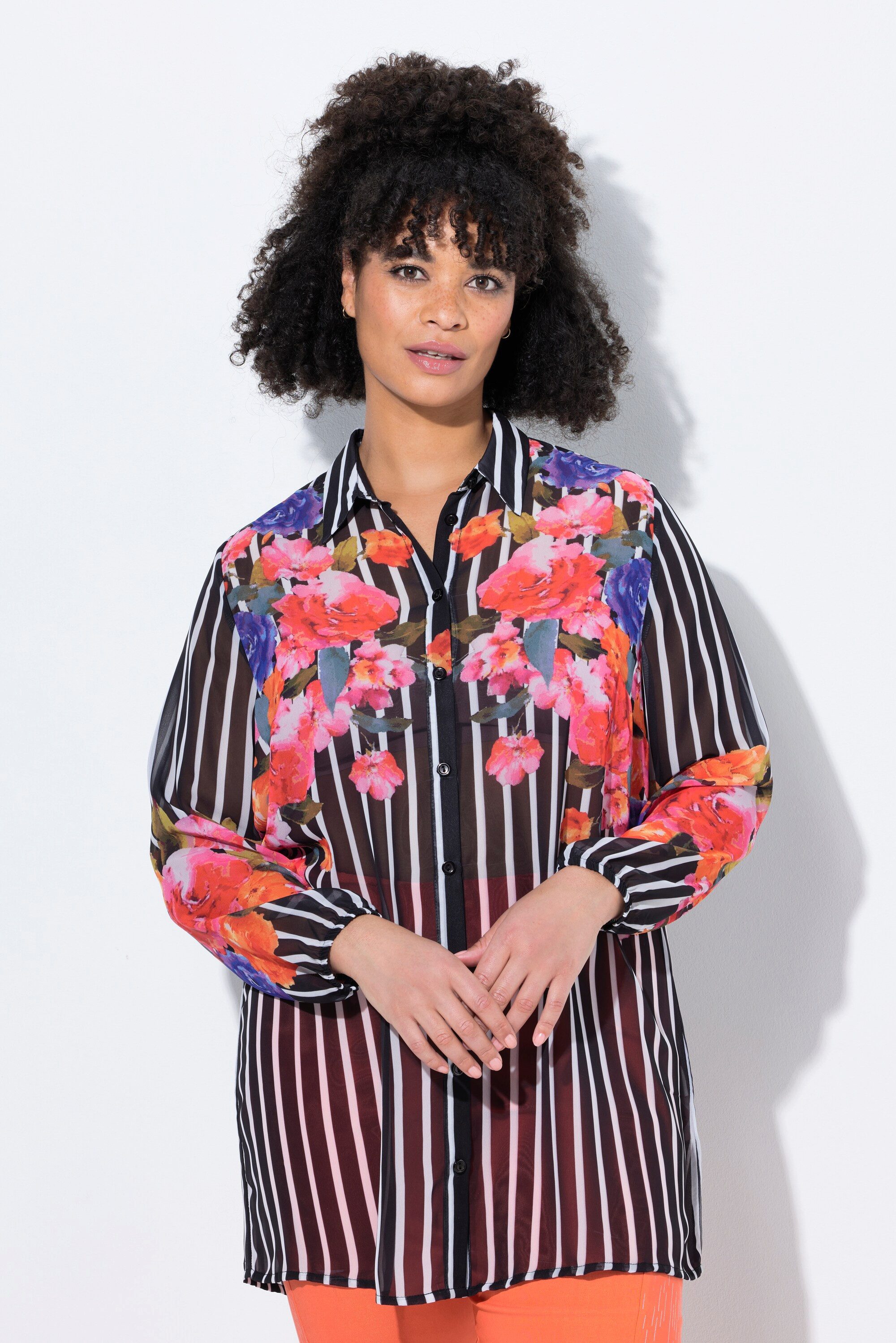 Longbluse Bluse A-Linie Chiffon Streifen/Blüten