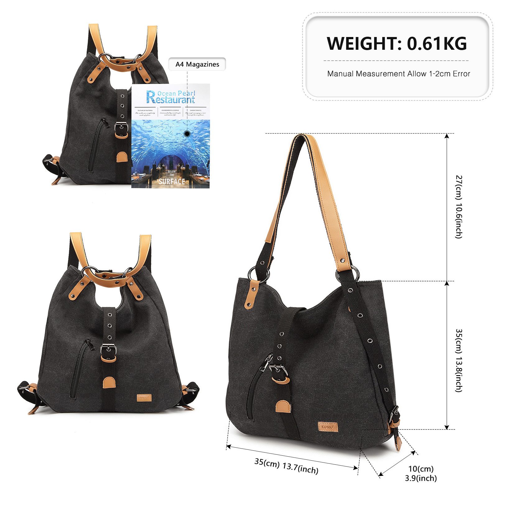 KONO Handtasche Canvas Handtasche 2 in 1 Canvas Verstellbare Schultergurte günstig online kaufen