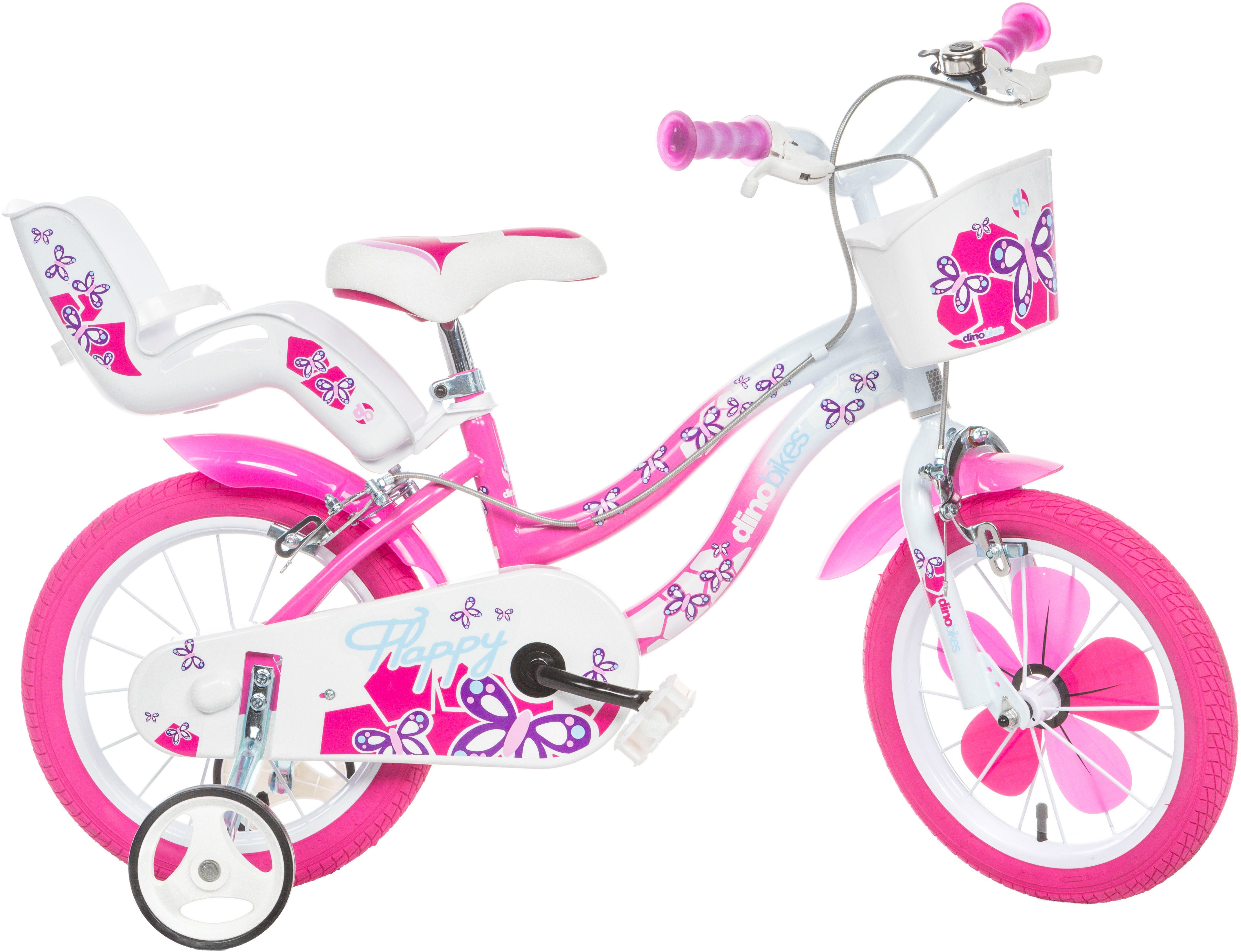 Dino Bikes Kinderfahrrad 16" Flappy Kinderfahrrad Mädchen Freilauf 4–7 Jahre Stützräder, 1 Gang, mit Stützrädern, Korb und Puppensitz