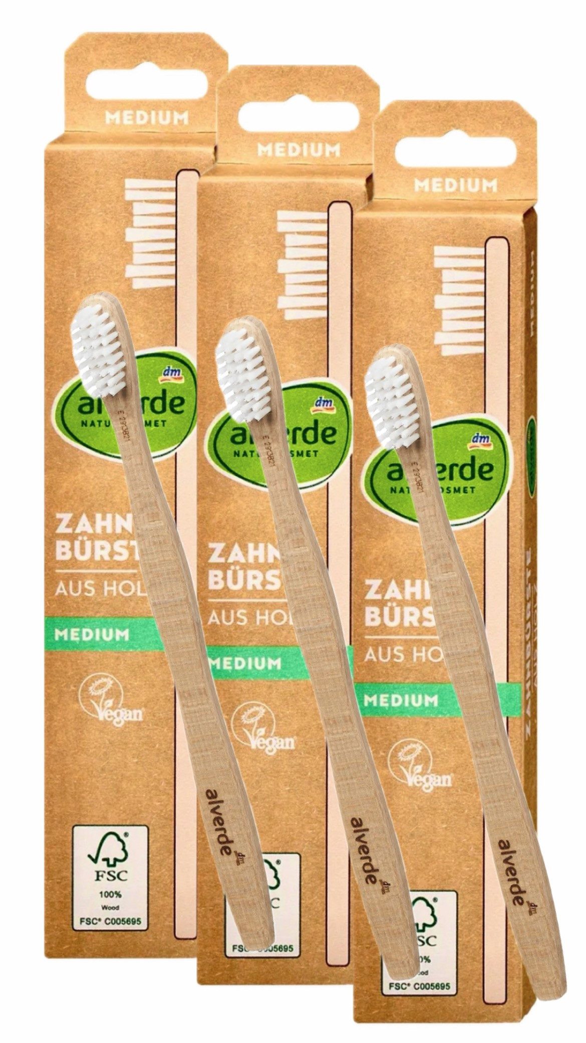 dm-drogerie markt GmbH & Co. KG Zahnbürste Zahnbürste aus Holz medium - alverde Naturkosmetik 3 x 1 Stück, Zahnbürste, alverde Naturkosmetik