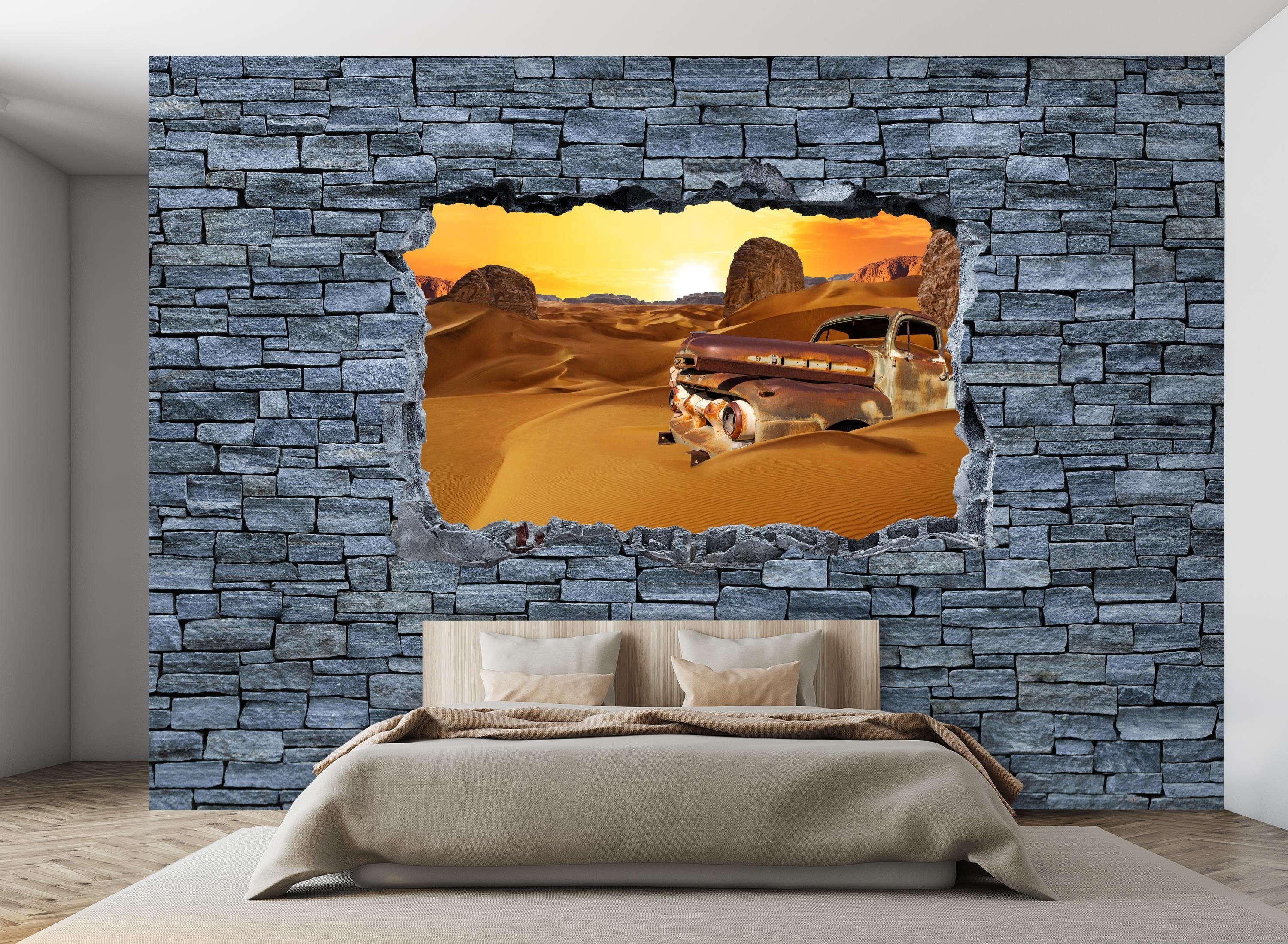 wandmotiv24 Fototapete matt, Steinmauer, der Wüste- Altes Auto in Wandtapete, 3D grobe glatt, Motivtapete, Vliestapete