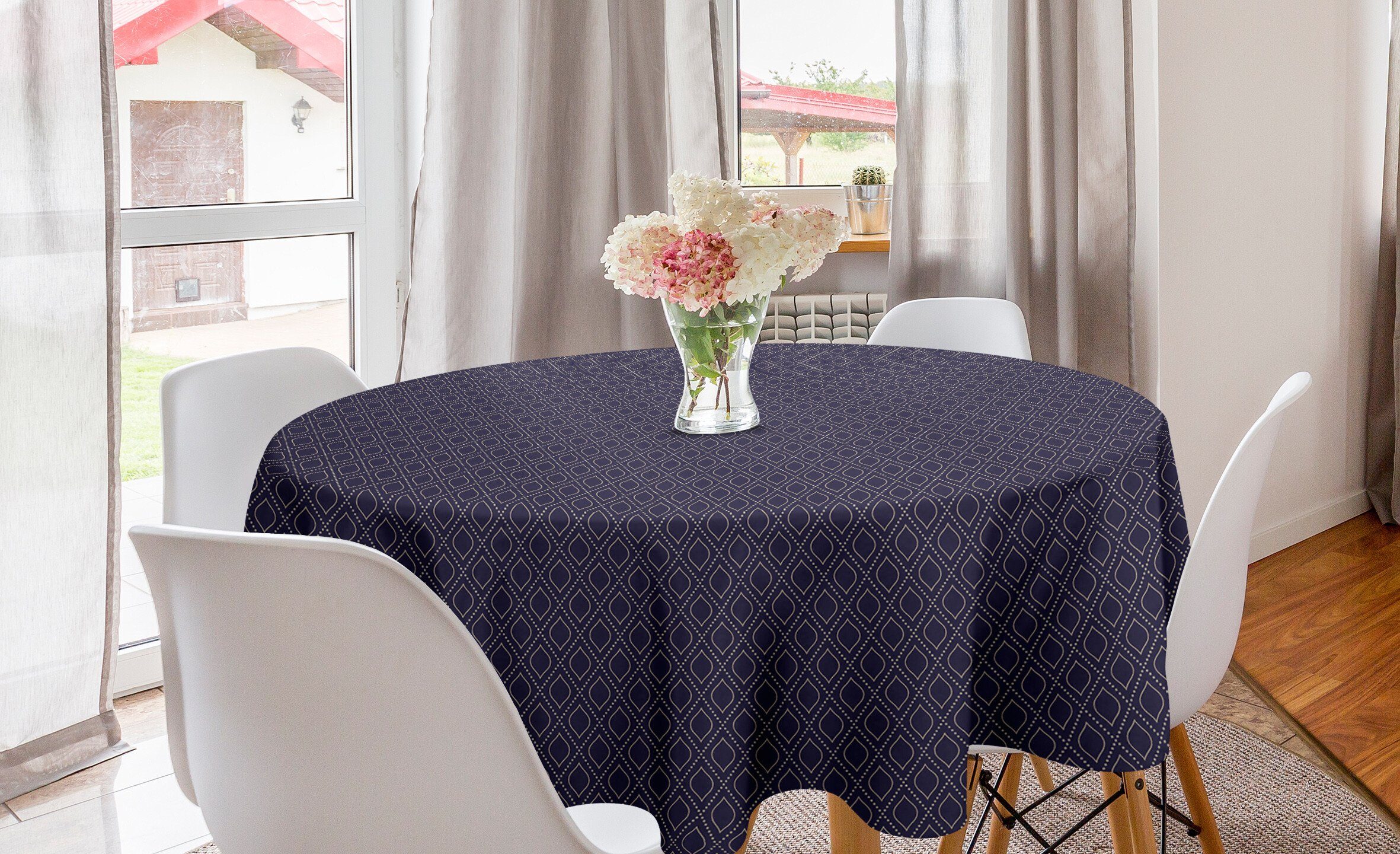 Abakuhaus Tischdecke Kreis Tischdecke Abdeckung für Esszimmer Küche Dekoration, Navy blau Geometrische Ogee Tile