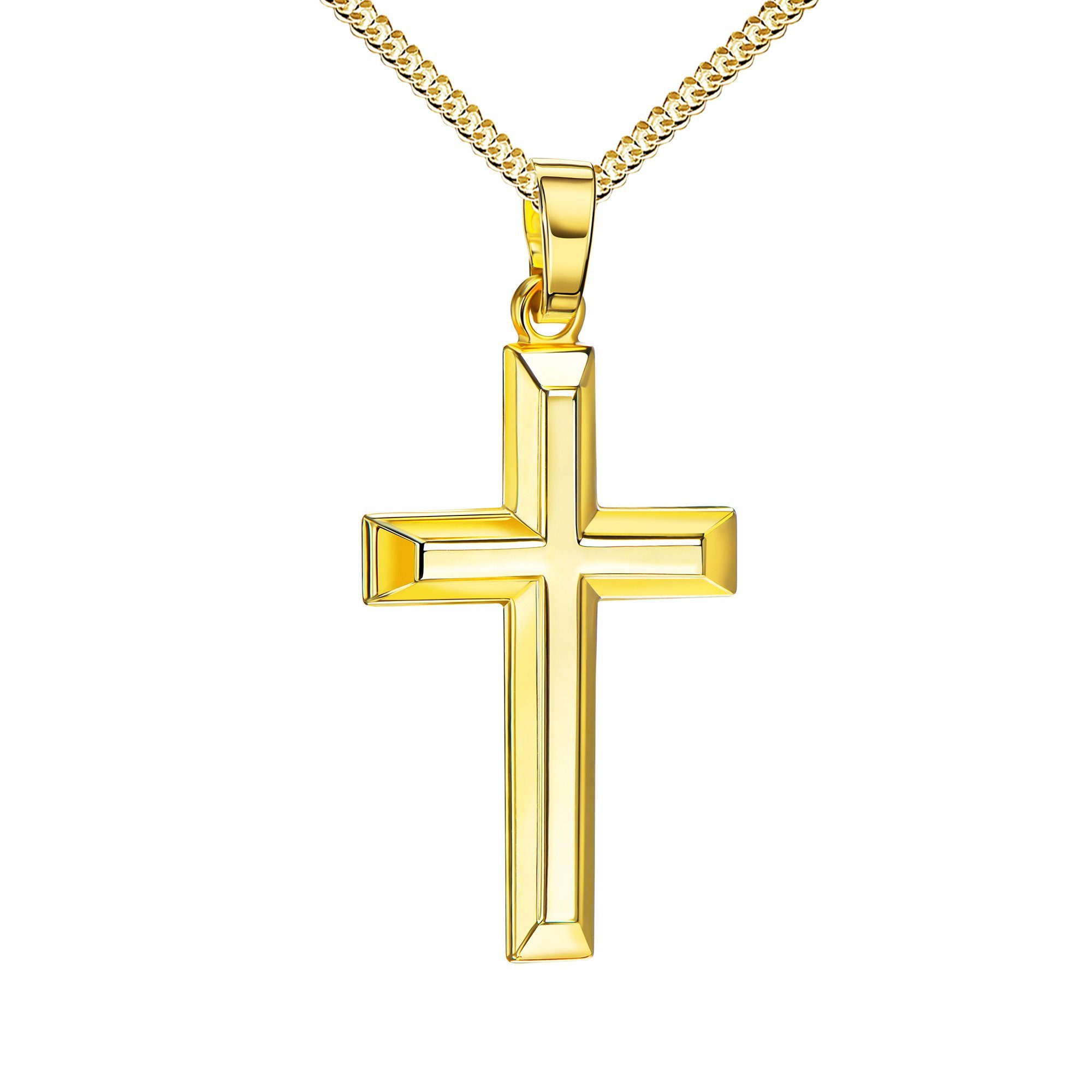 JEVELION Kreuzkette Kreuz Anhänger 333 Gold - Made in Germany (Goldkreuz, für Damen und Herren), MIT KETTE vergoldet- Länge wählbar 36 - 70 cm.