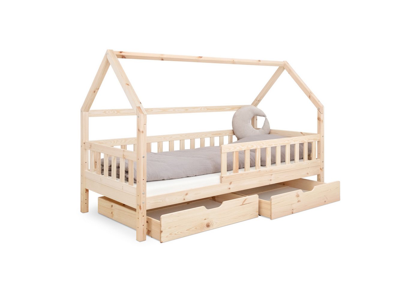 Ehrenkind Hausbett Lille aus massivem Kiefernholz inkl. Rausfallschutz und Rollrost (90x200 cm Natur, Hausbett mit optionalem Stauraum), 2 in 1 Aufbau bodentief oder Standardhöhe