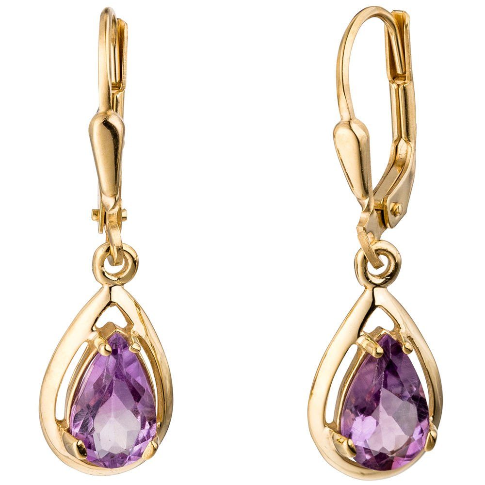 Paar Ohrhänger Ohrhänger, Amethyst Tropfen, 333 Gold