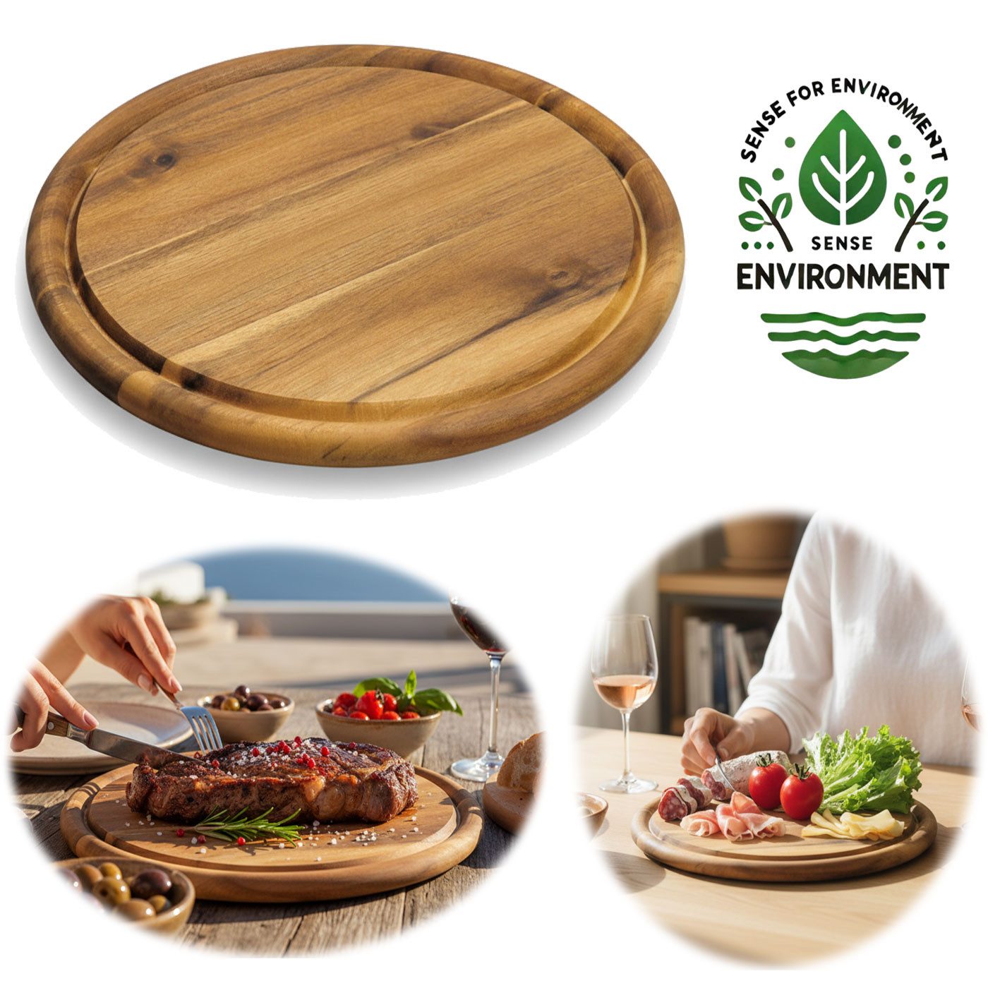 LS-LebenStil Servierbrett Holz Fleischteller Servierteller 25cm Akazie Rund Schneidebrett, Holz, (Set - 1 Stück - Schneidebrett mit Saftrille Vesperbrett Brotzeitbrett, 1-St., Vesperbrett Servierteller Pizzateller Käsebrett Holzbrett)