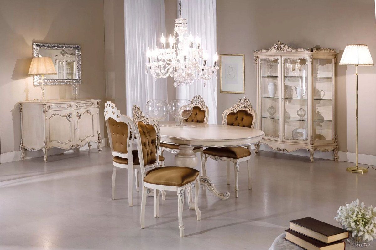 Set - Barockstil Made Esszimmer in im Möbel Barock Braun Italy - Esszimmerstühle - Padrino Qualität 6 Barock 1 / Esstisch Luxus & Silber Esszimmer-Set Casa Esszimmer / Barock - Cremefarben Luxus